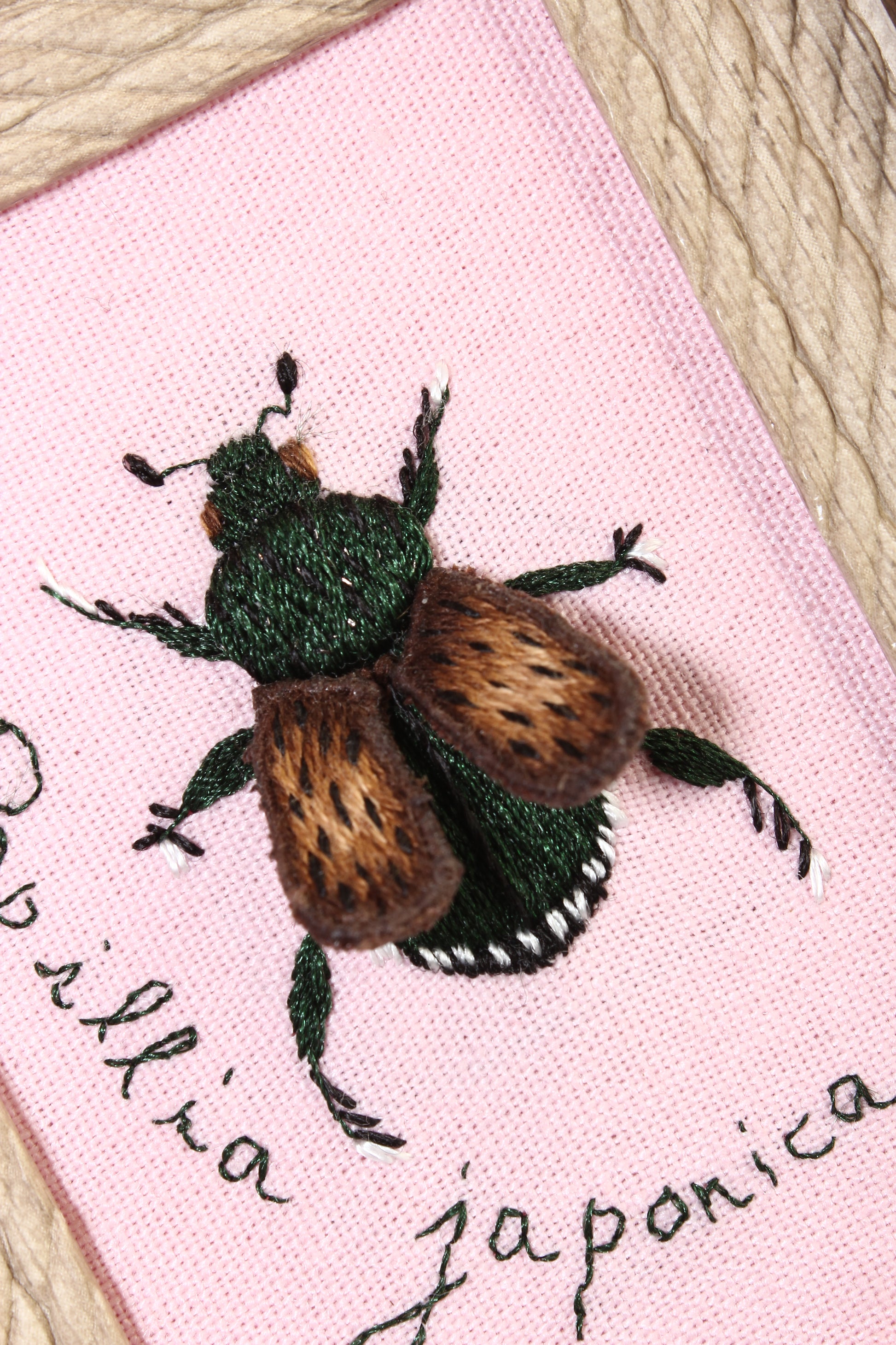 Embroidered beetle on pink fabric with text