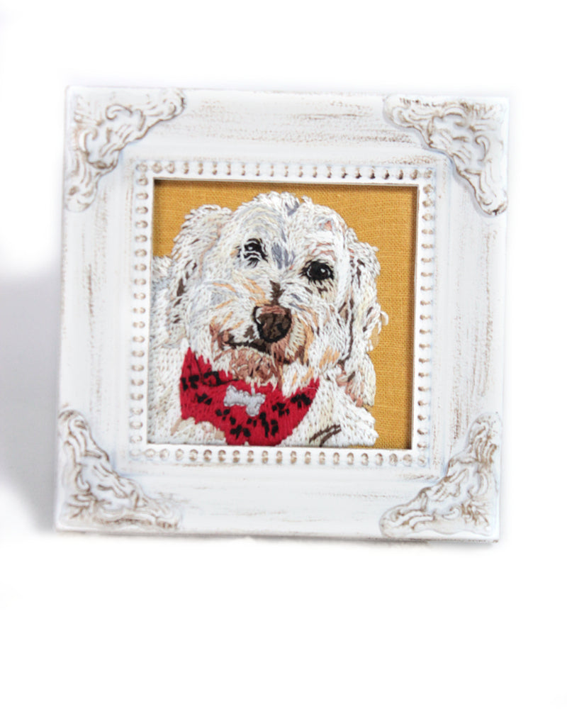 Embroidery Custom Pet Portrait White Wood Frame
