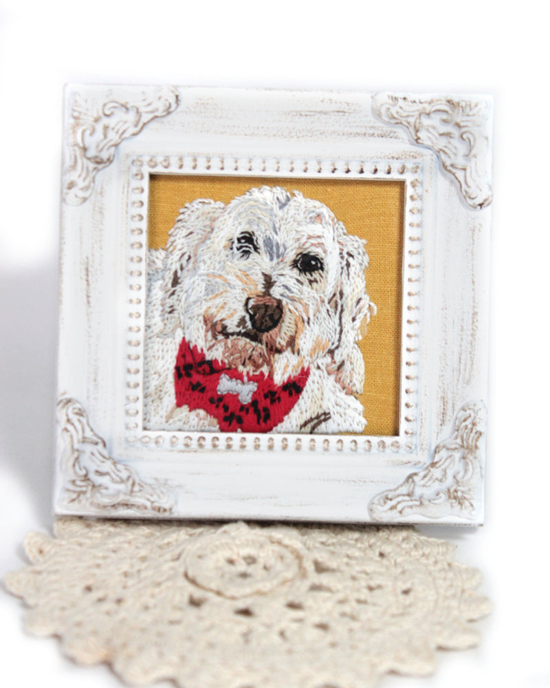 Embroidery Custom Pet Portrait White Wood Frame