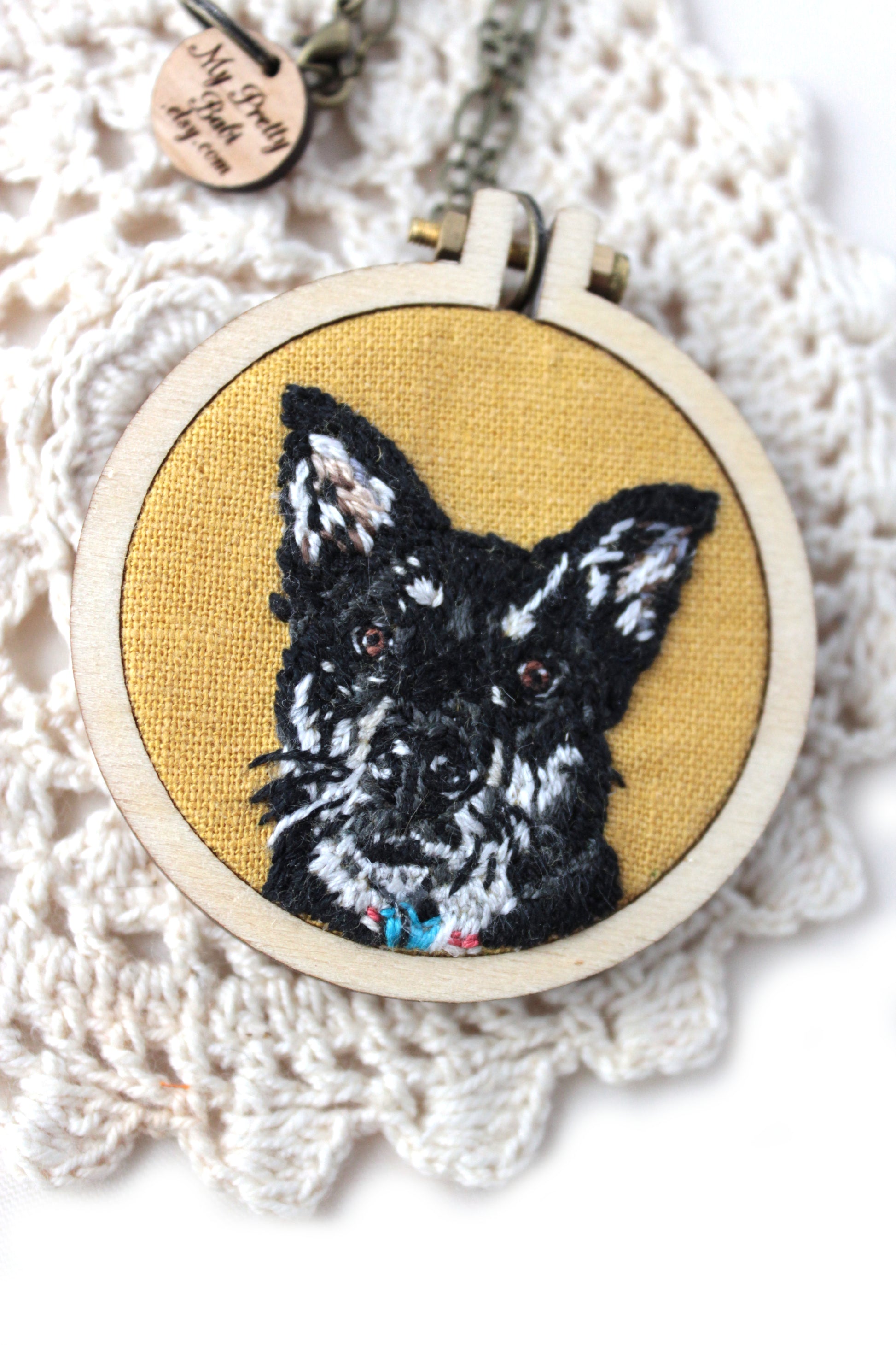 Embroidery Custom Pet Dog Portrait Dandelyne Mini Hoop Necklace