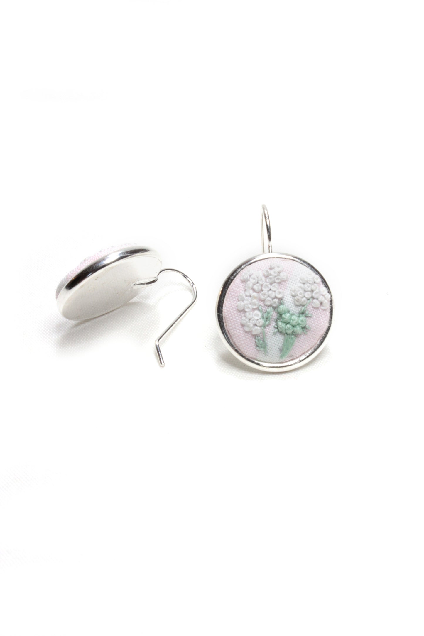 Embroidery White & Green Flowers Wire Silver Earrings
