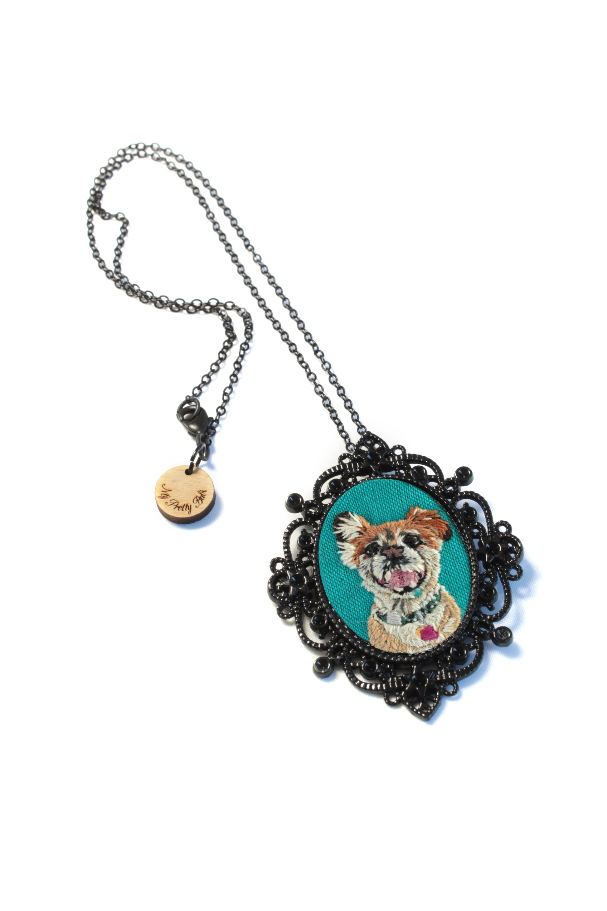 Custom Embroidery Pet Portrait My Pretty Babi Black Oval Pendant Necklace 