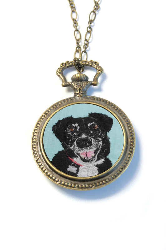 Custom Embroidery Pet Portrait My Pretty Babi Antique Watch Pendant Necklace