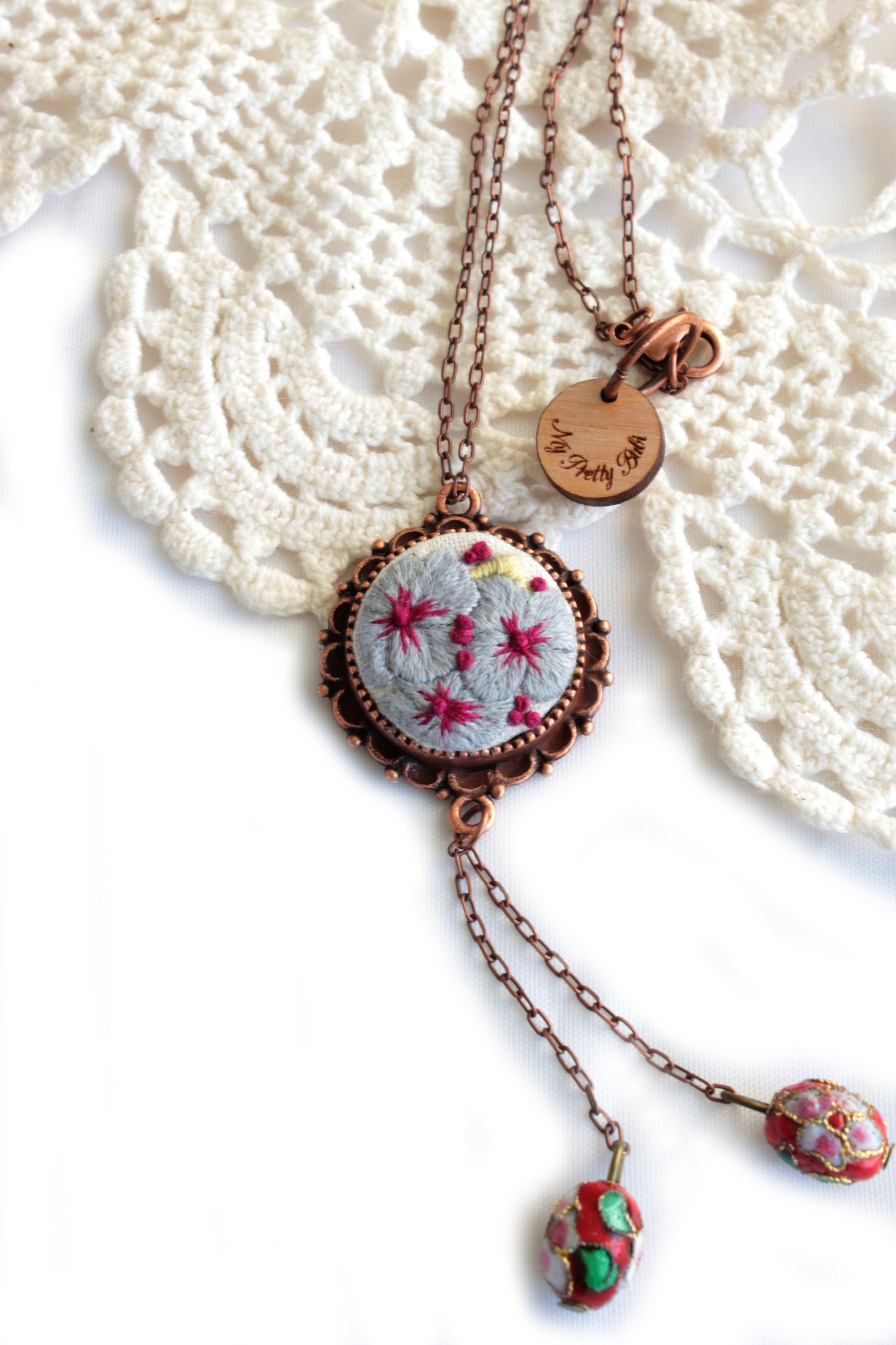 Embroidery Pansies Necklace