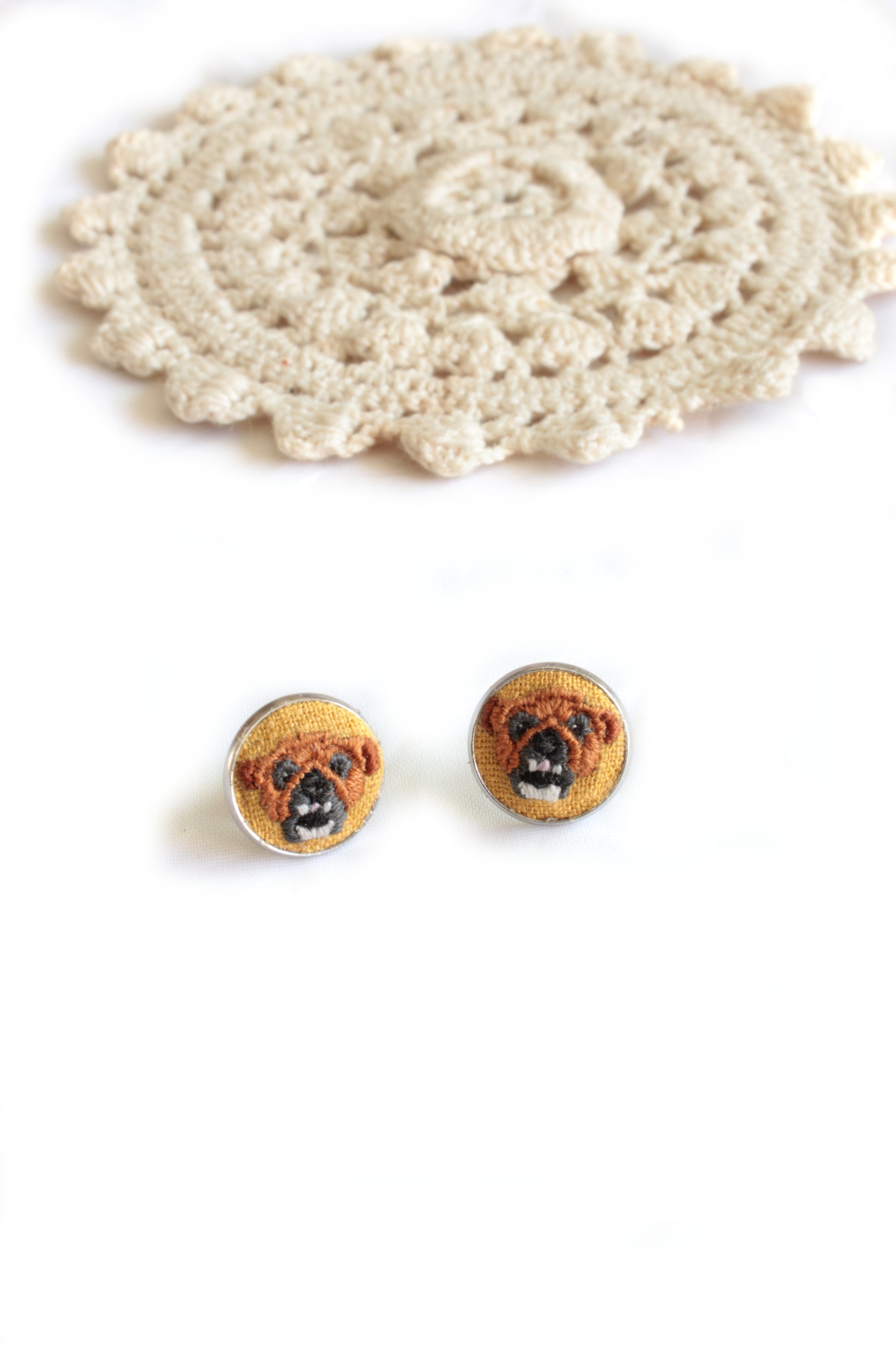 Embroidery Bulldog Studs Earrings