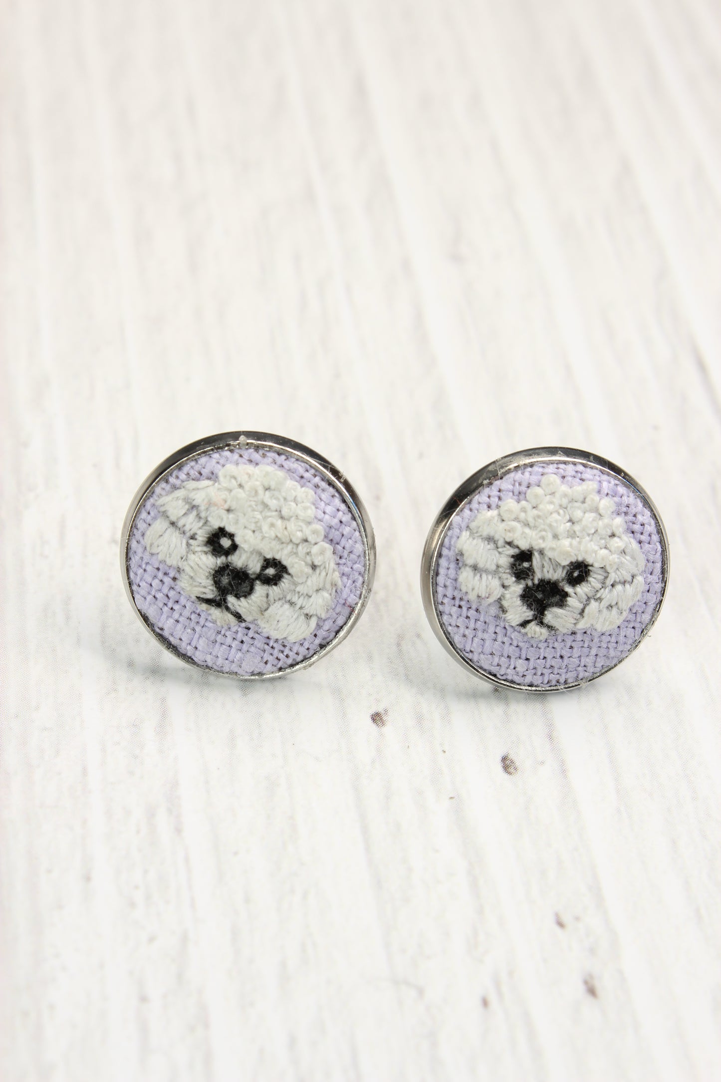 Embroidery White Poodle Studs Earrings