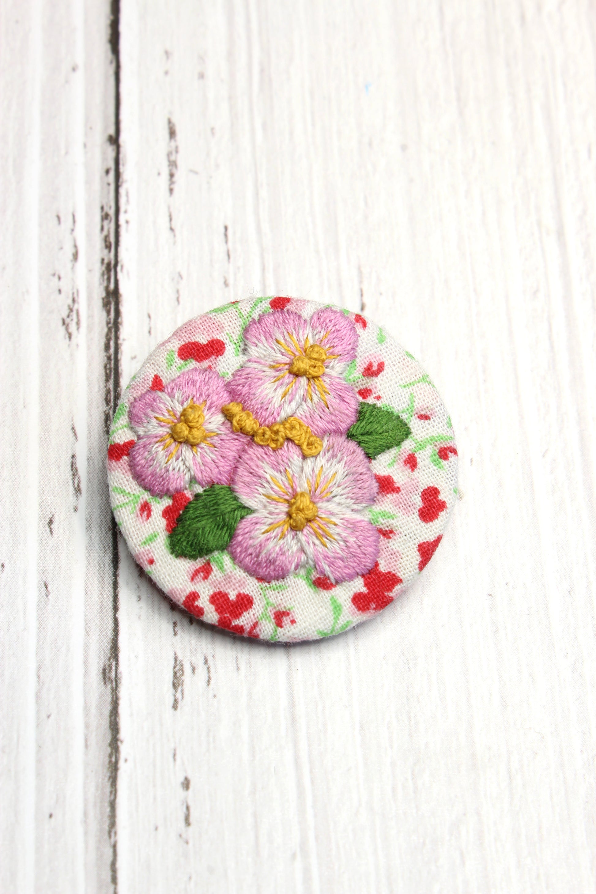 Embroidery Pink Pansies Brooch