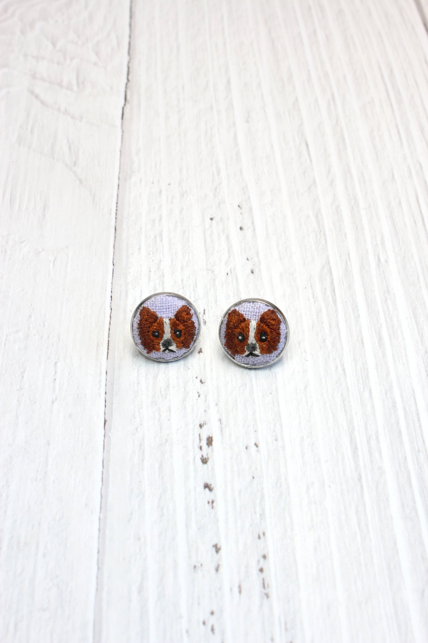 Embroidery Papillon Dog Studs Earrings