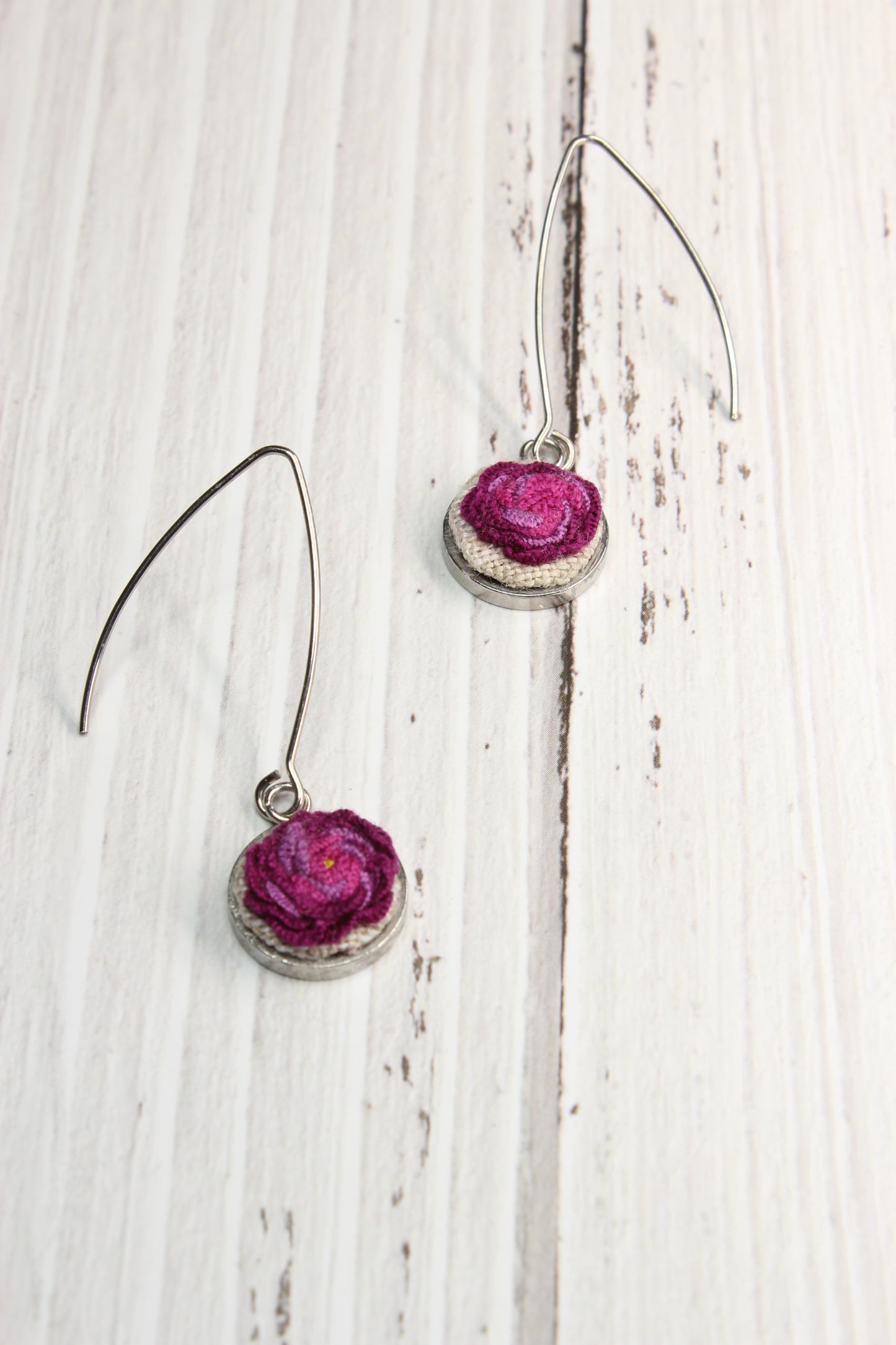 Embroidery Pink Rose Wire Earrings