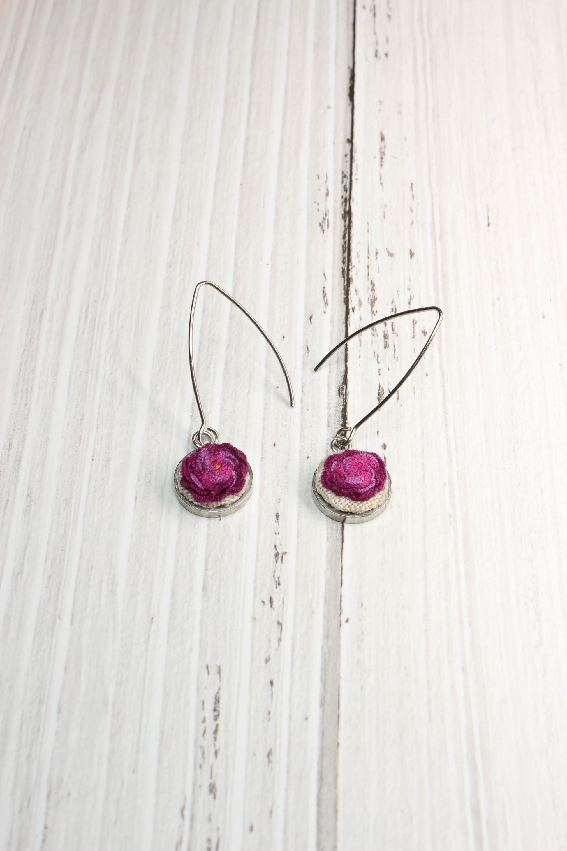 Embroidery Pink Rose Wire Earrings