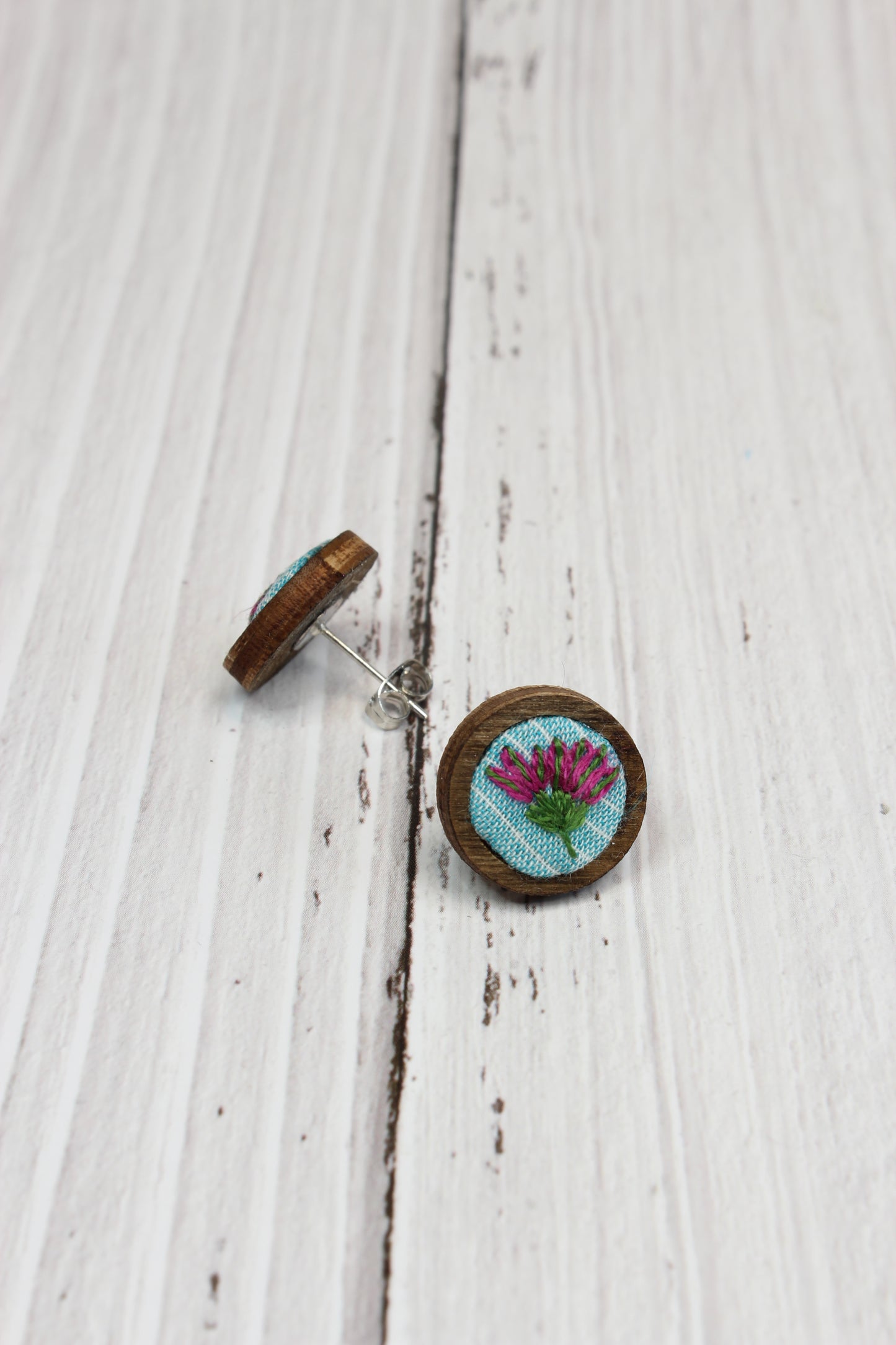 Embroidery Pink Flower Studs Earrings