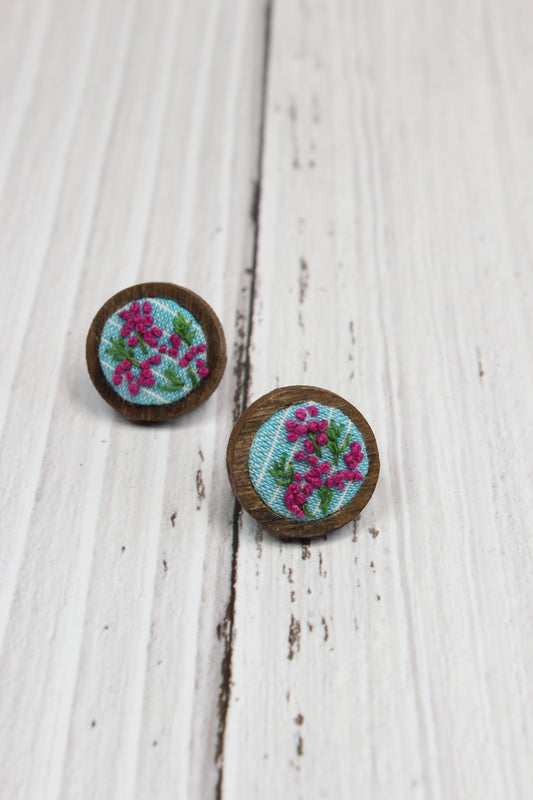 Embroidery Pink Flowers Studs Earrings
