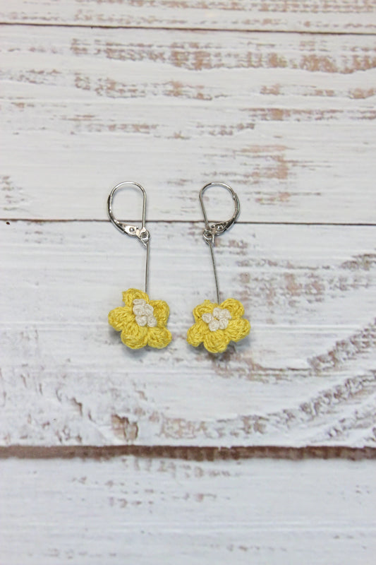 Crochet Yellow Daisy Dangling Wire Earrings