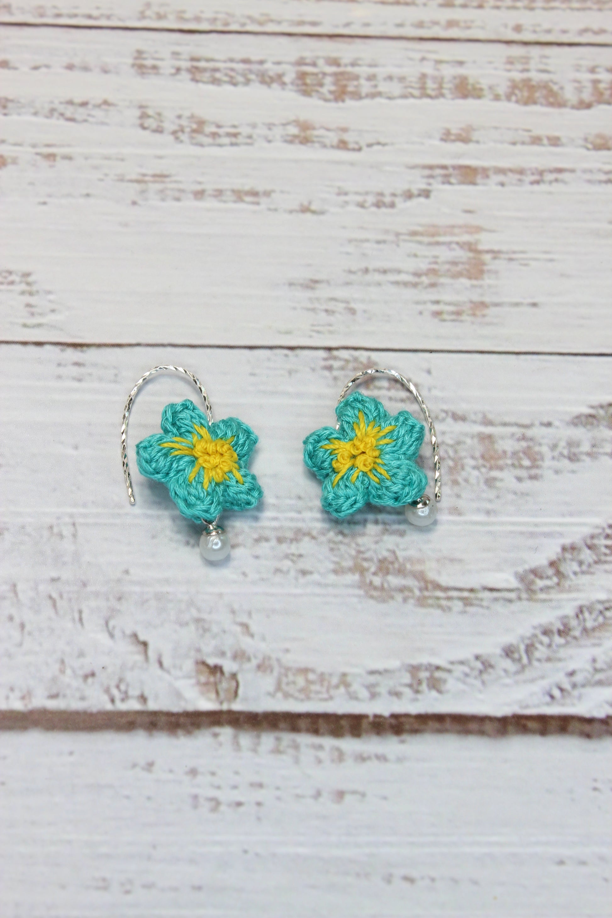 Crochet Aqua Daisy Wire Hook Earrings
