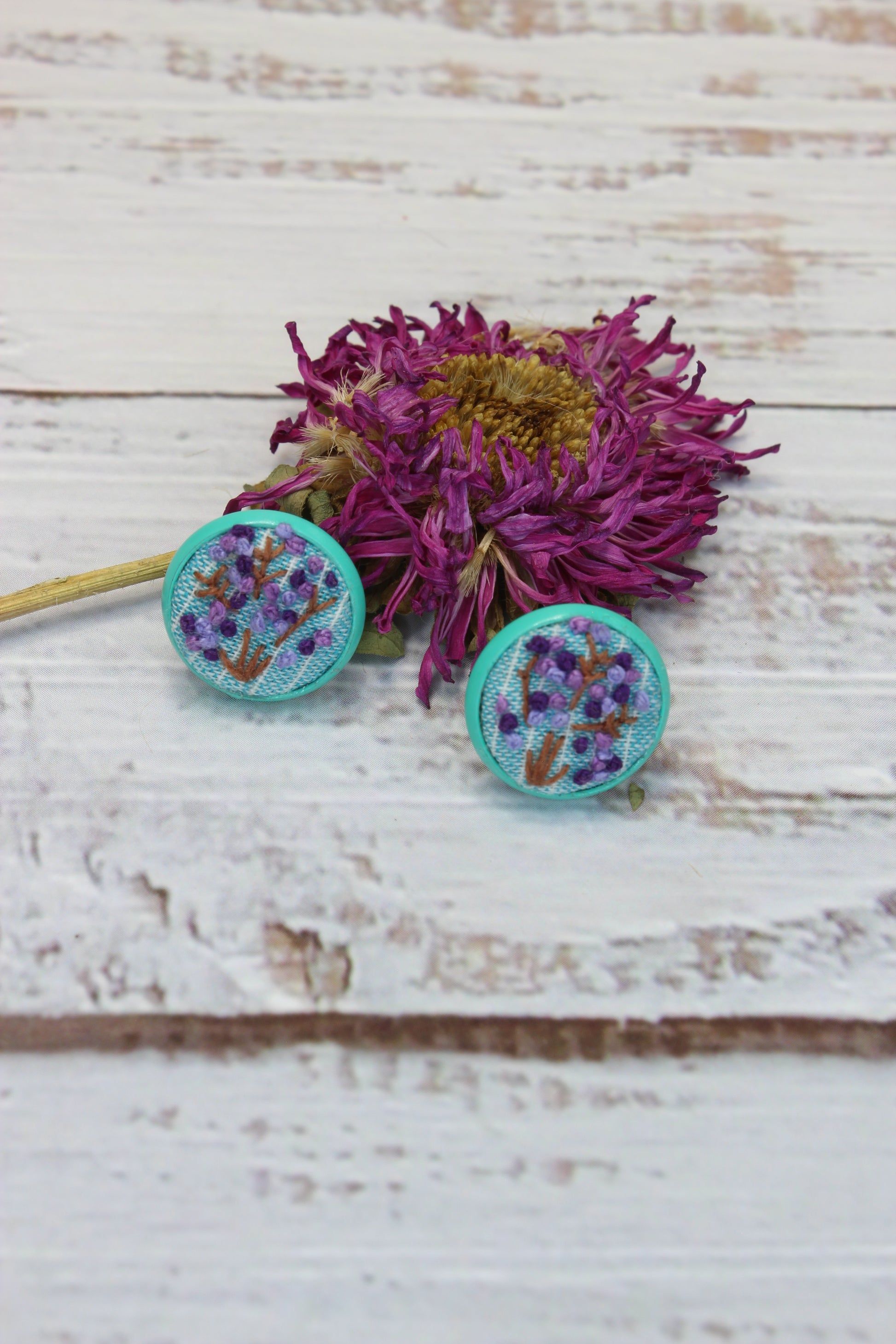 Embroidery Purple Flower Blue Studs
