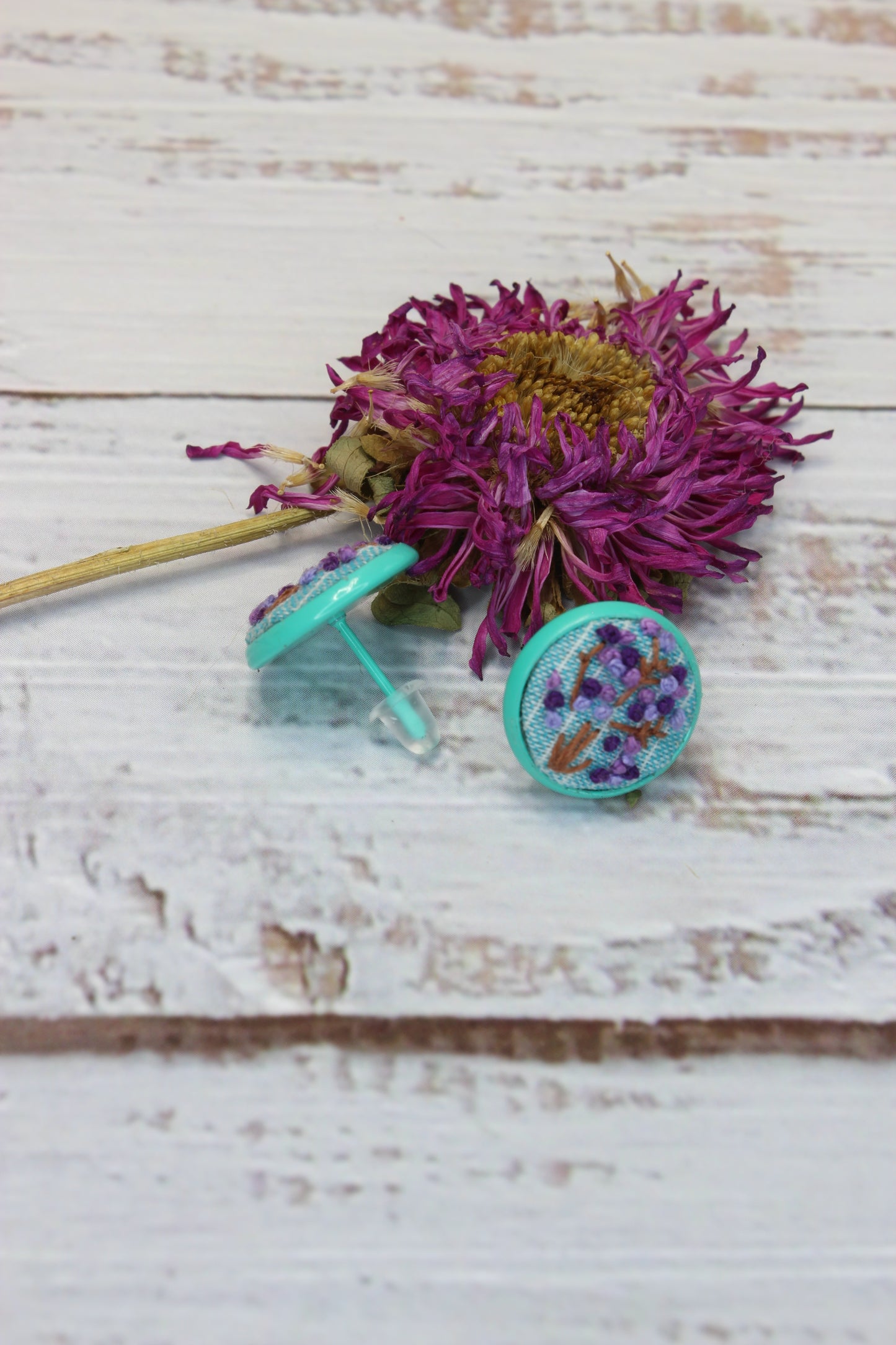 Embroidery Purple Flower Blue Studs