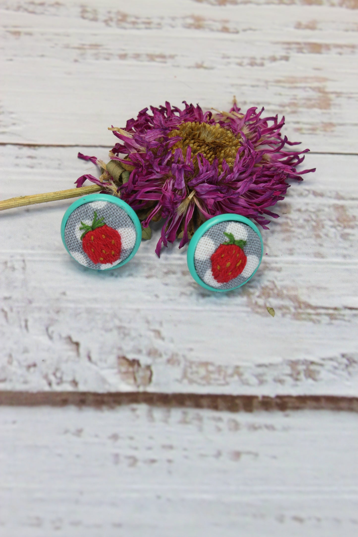 Embroidery Strawberry Blue Studs