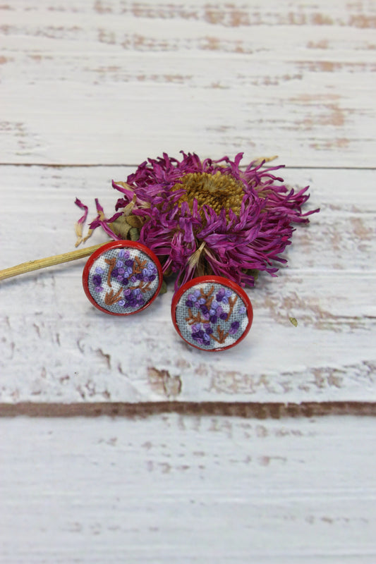 Embroidery Purple Flowers Red Studs