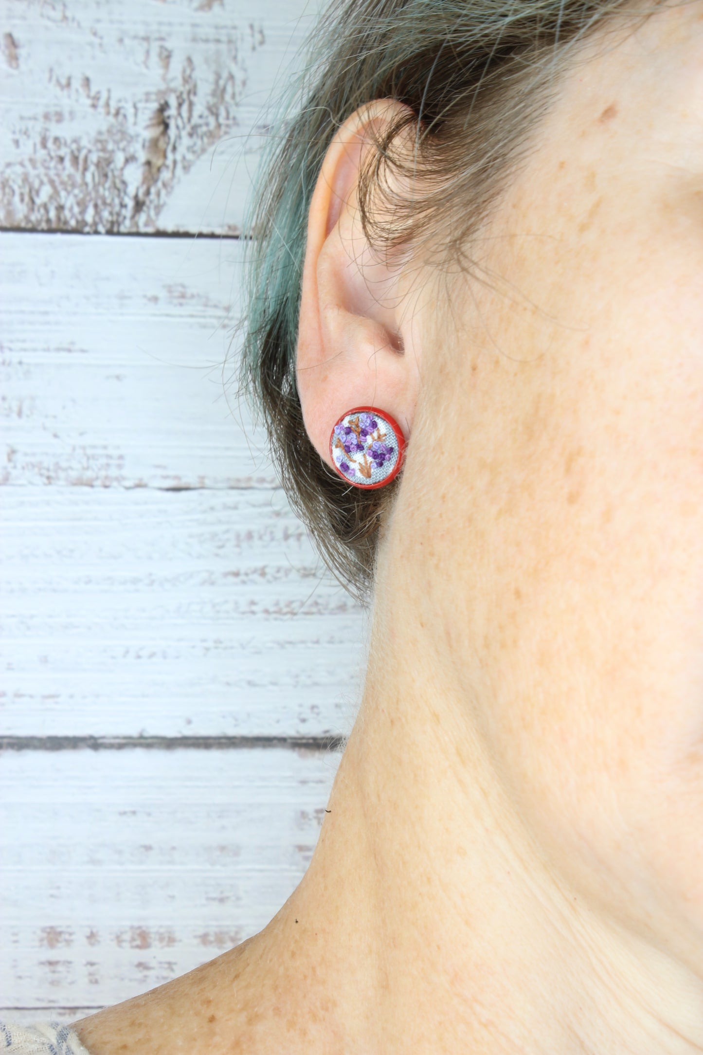 Embroidery Purple Flowers Red Studs
