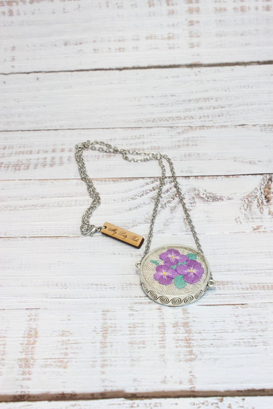 Embroidery Purple Pansies Necklace