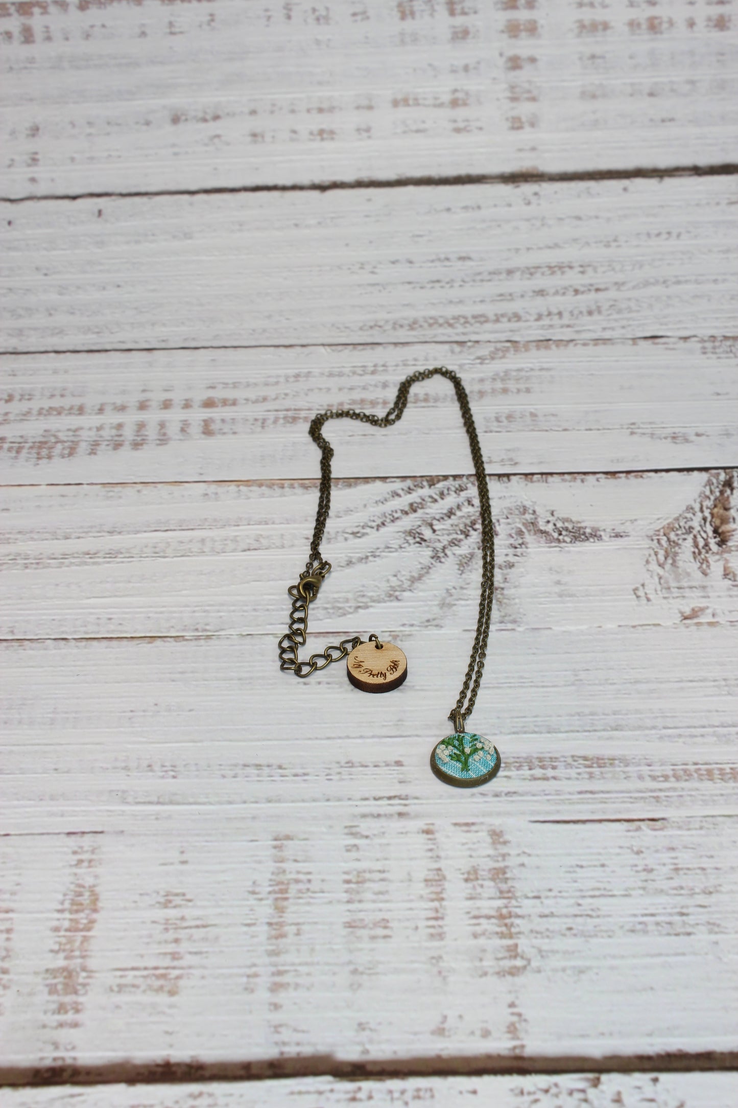 Embroidery White Flower with green branch Necklace