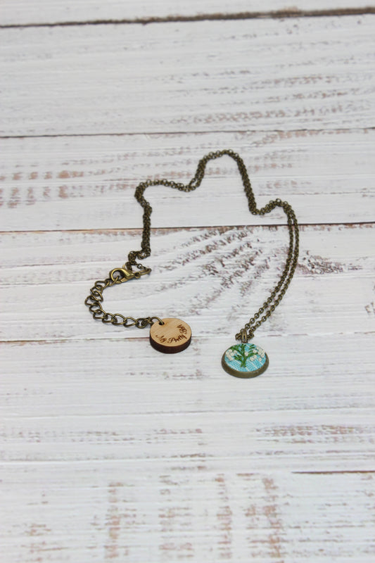 Embroidery White Flower with green branch Necklace