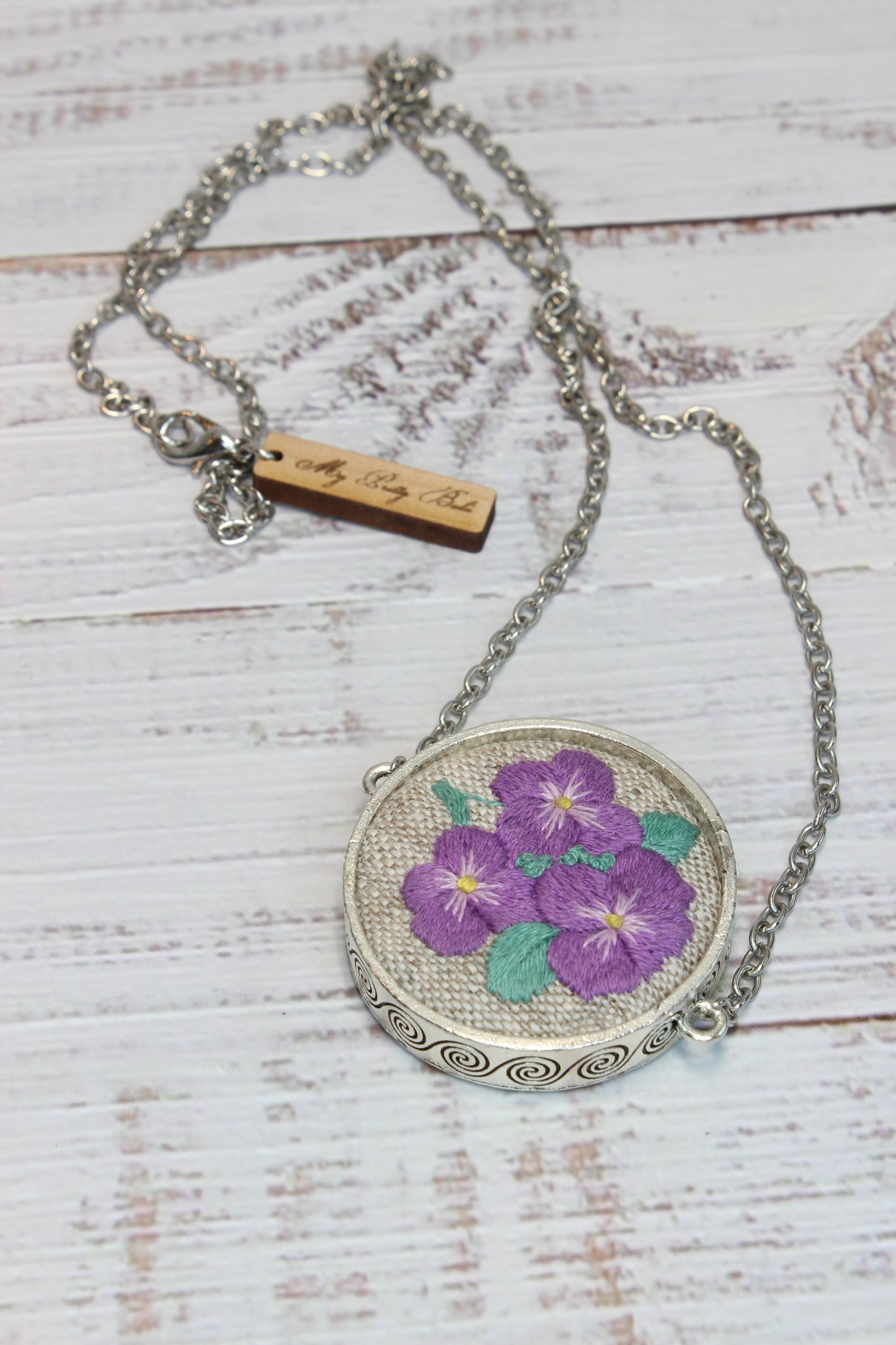 Embroidery Purple Pansies Necklace