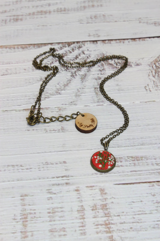 Embroidery White Flower with green branch Necklace
