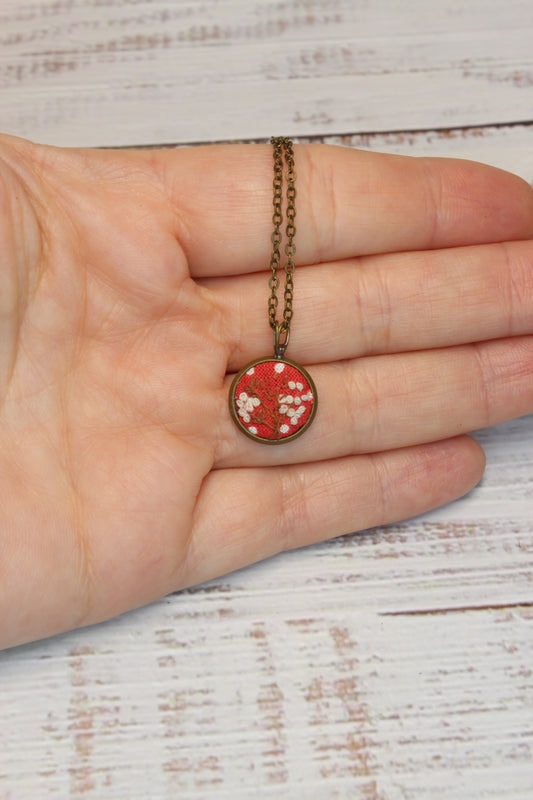 Embroidery White Flower with a brown branch Necklace