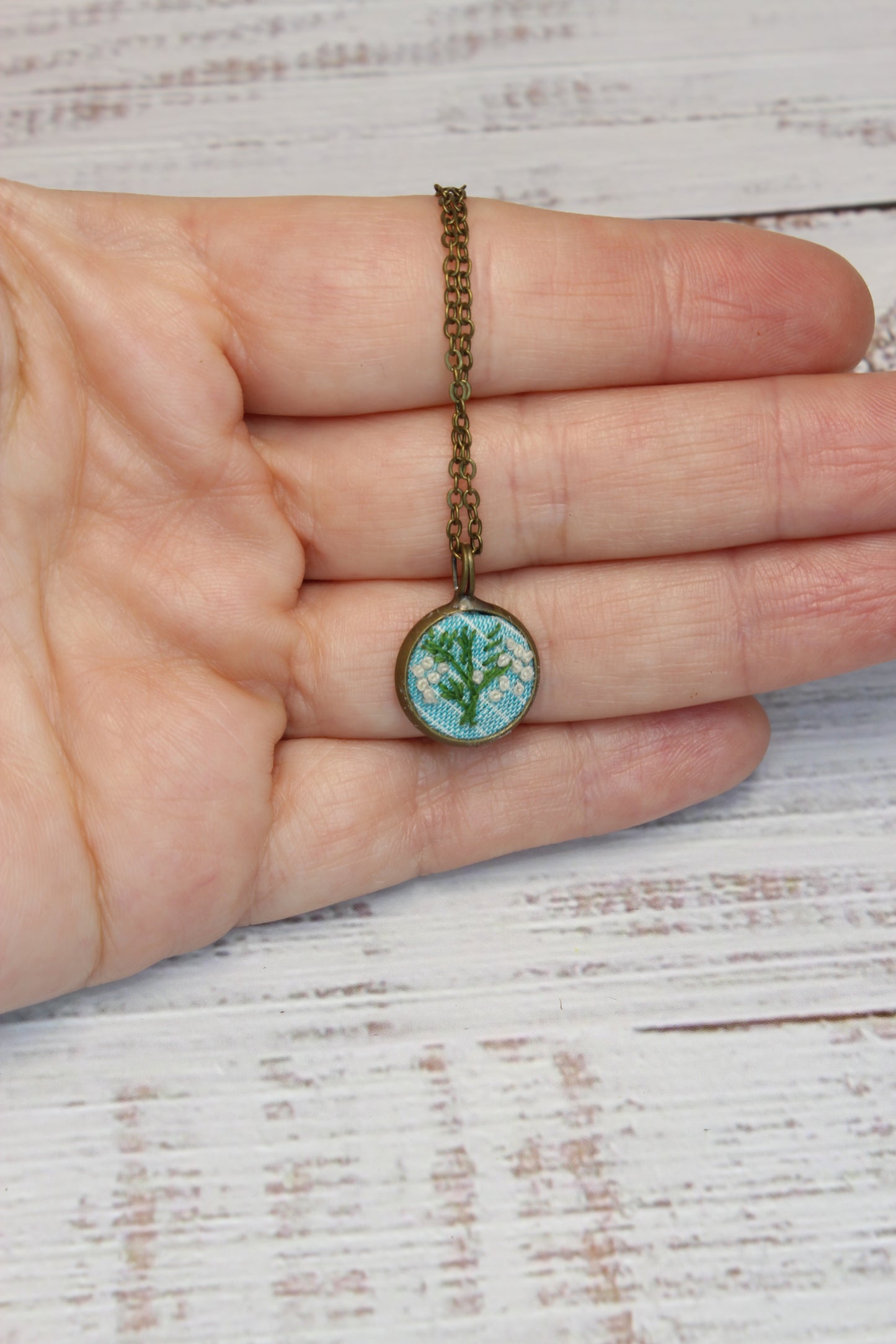 Embroidery White Flower with green branch Necklace