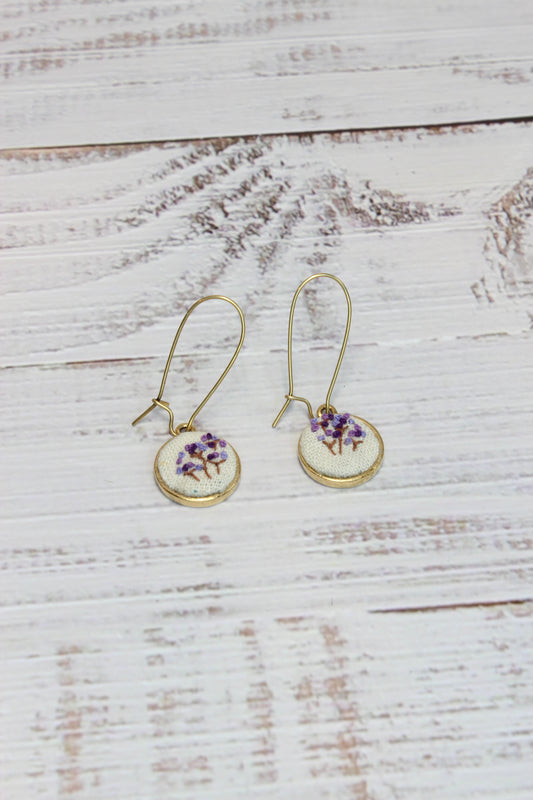 Embroidery Purple Flower Kidney Earrings