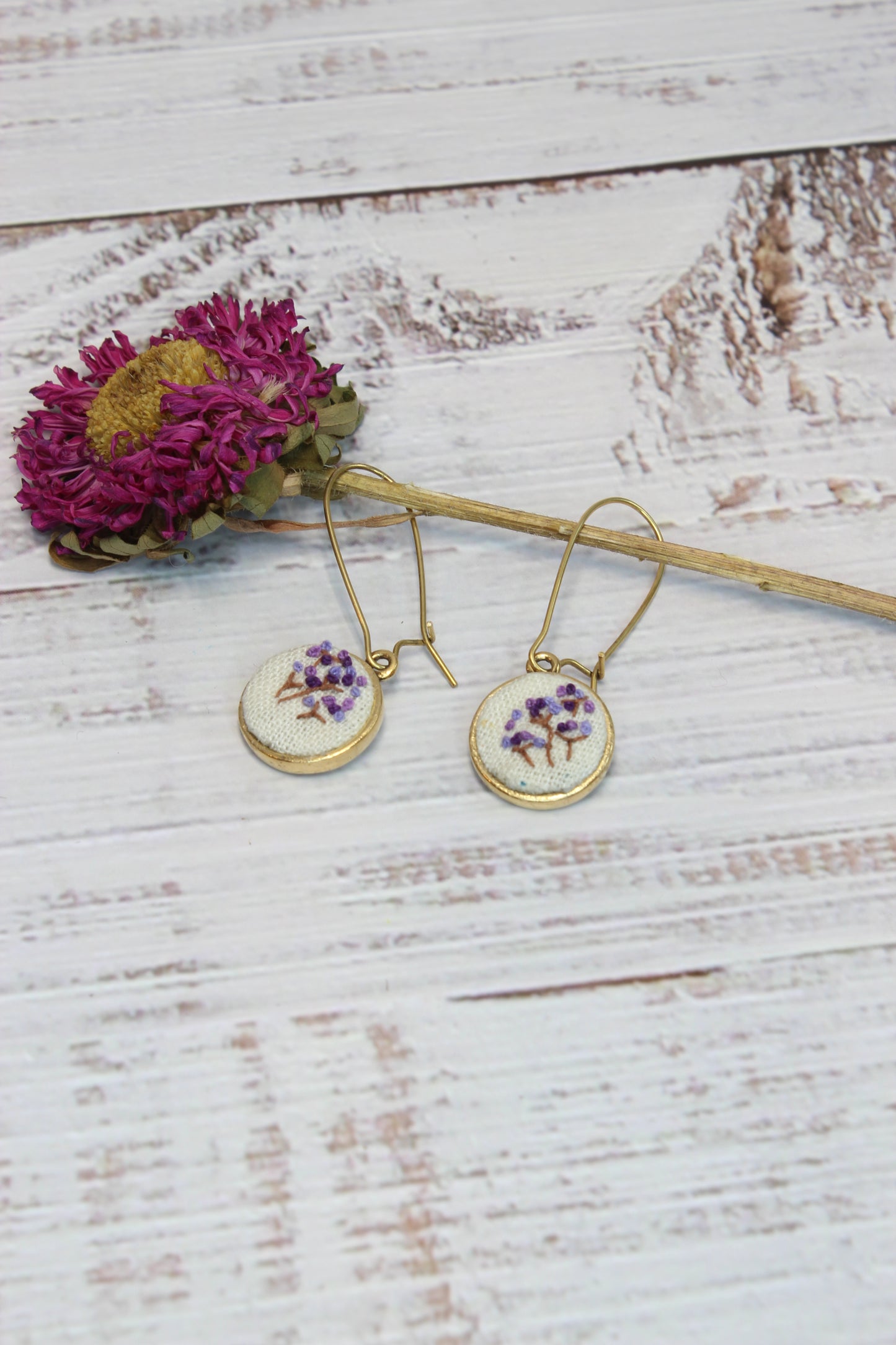 Embroidery Purple Flower Kidney Earrings