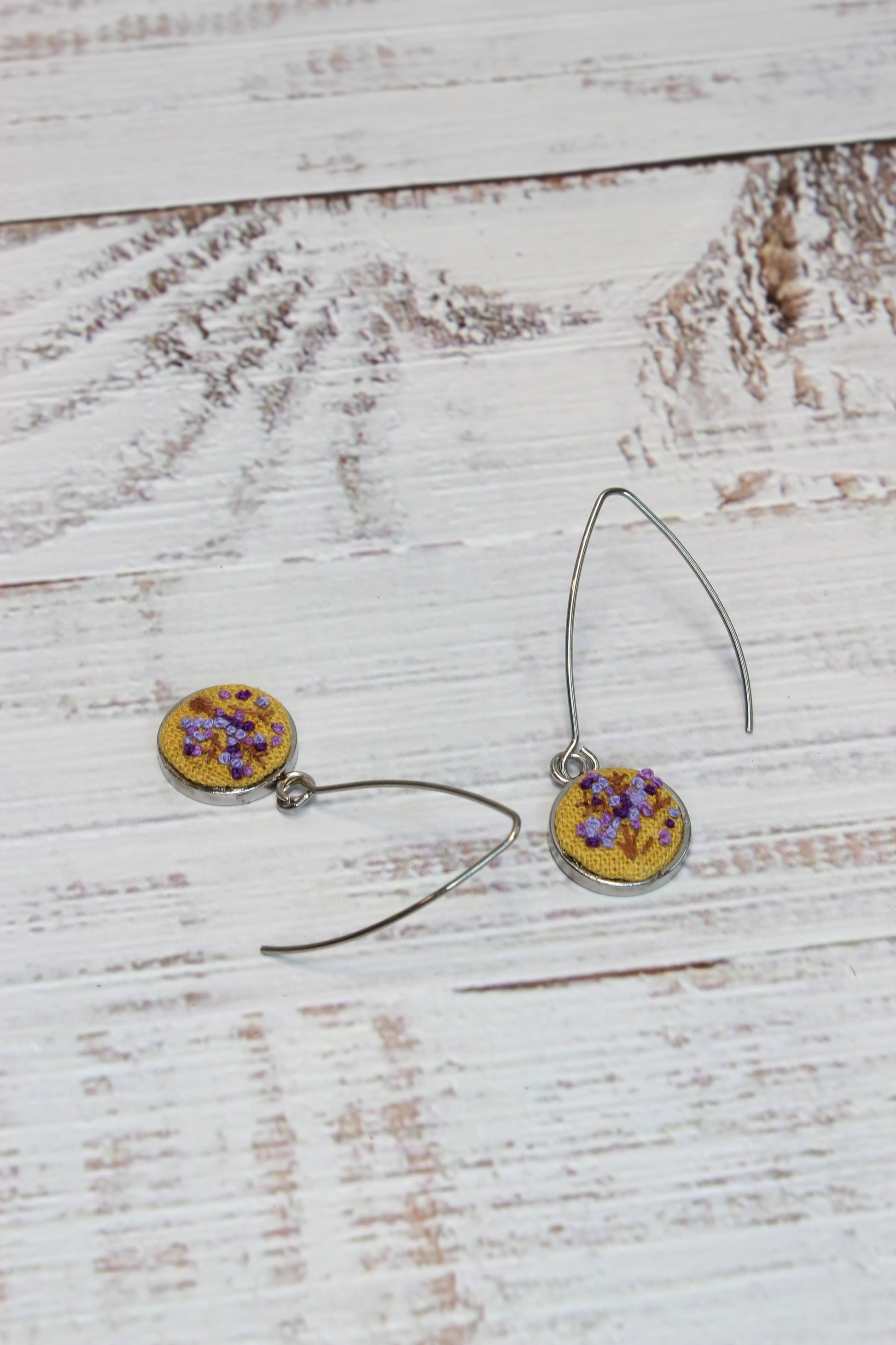 Embroidery Purple Flower Wire Earrings