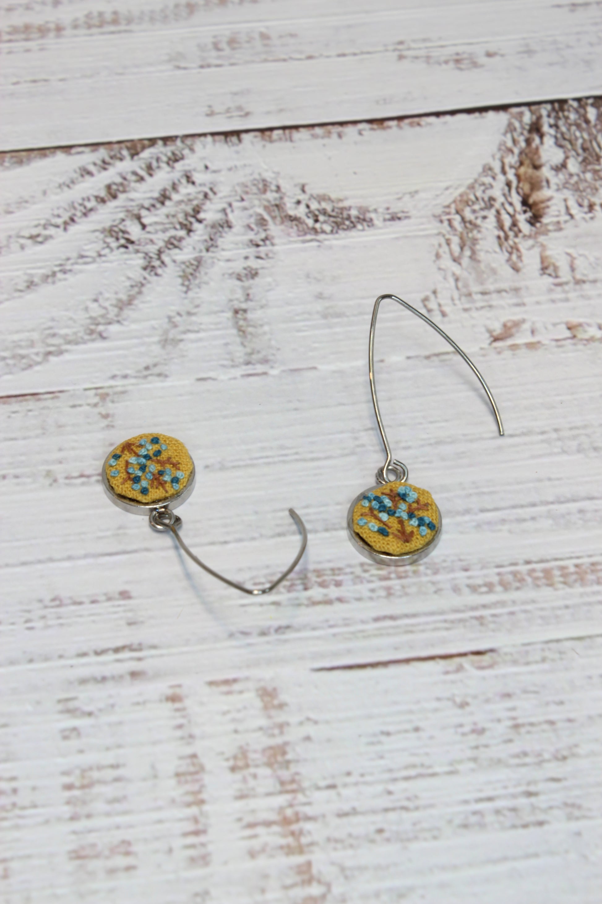 Embroidery Blue Flower Wire Earrings