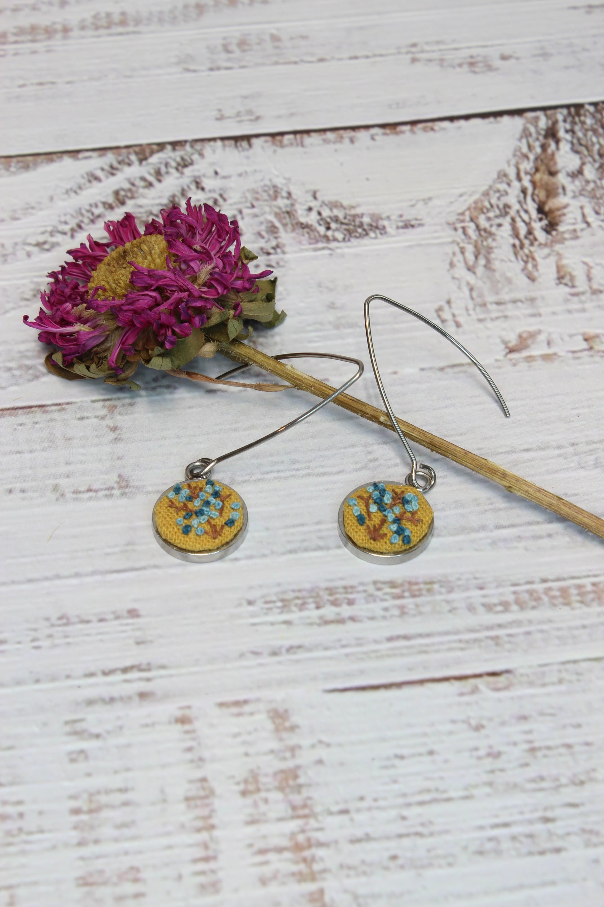 Embroidery Blue Flower Wire Earrings