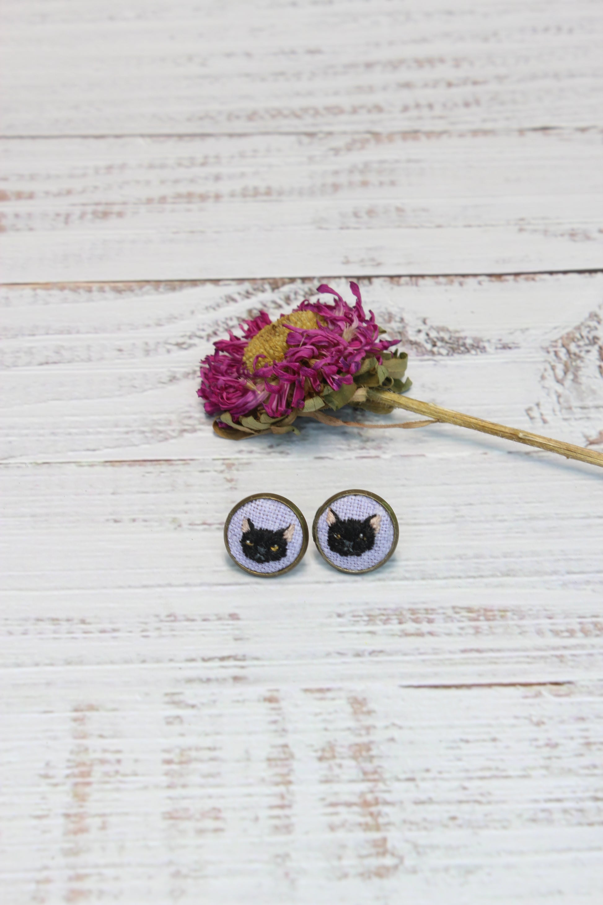 Embroidery Black Cat Earrings