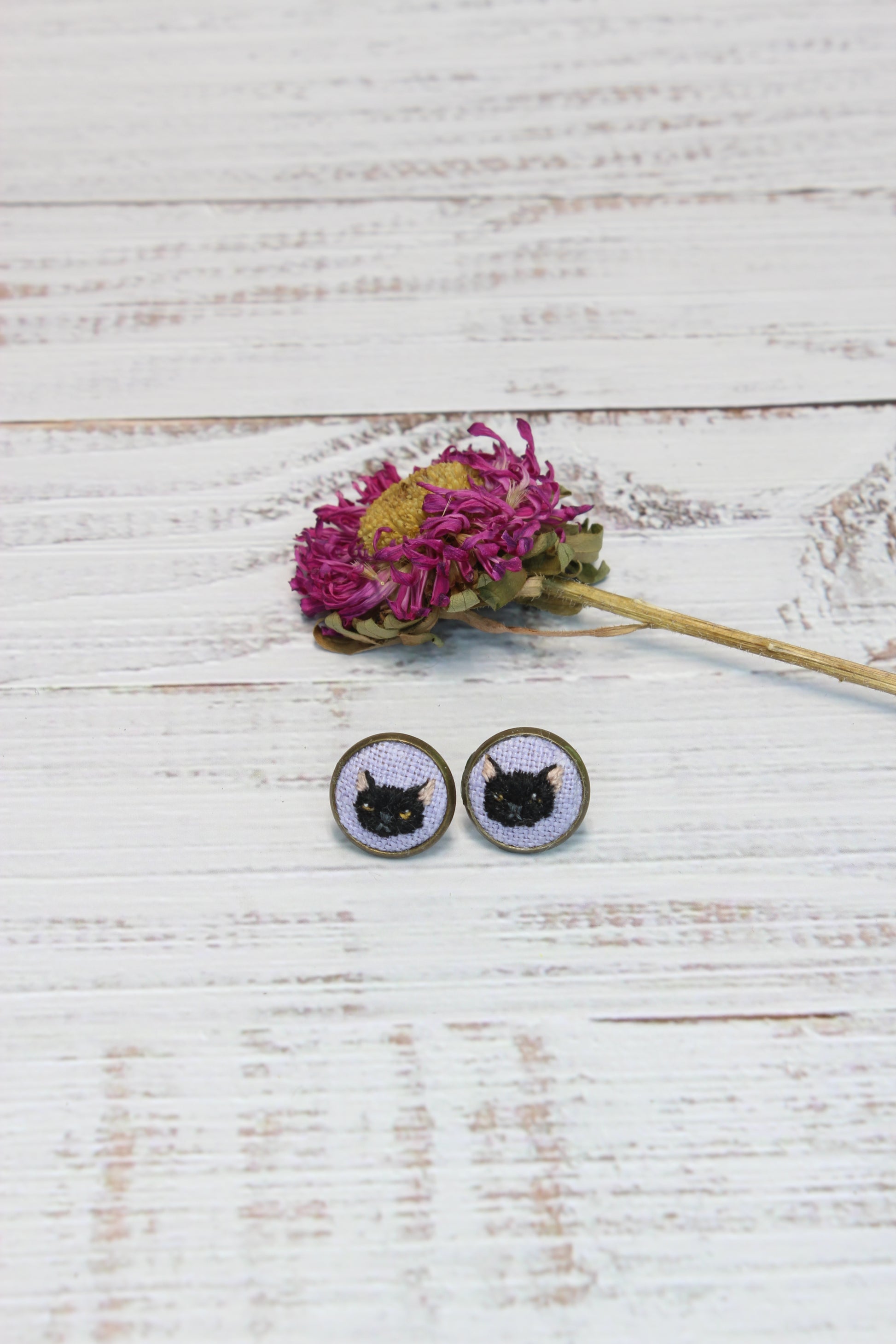 Embroidery Black Cat Earrings