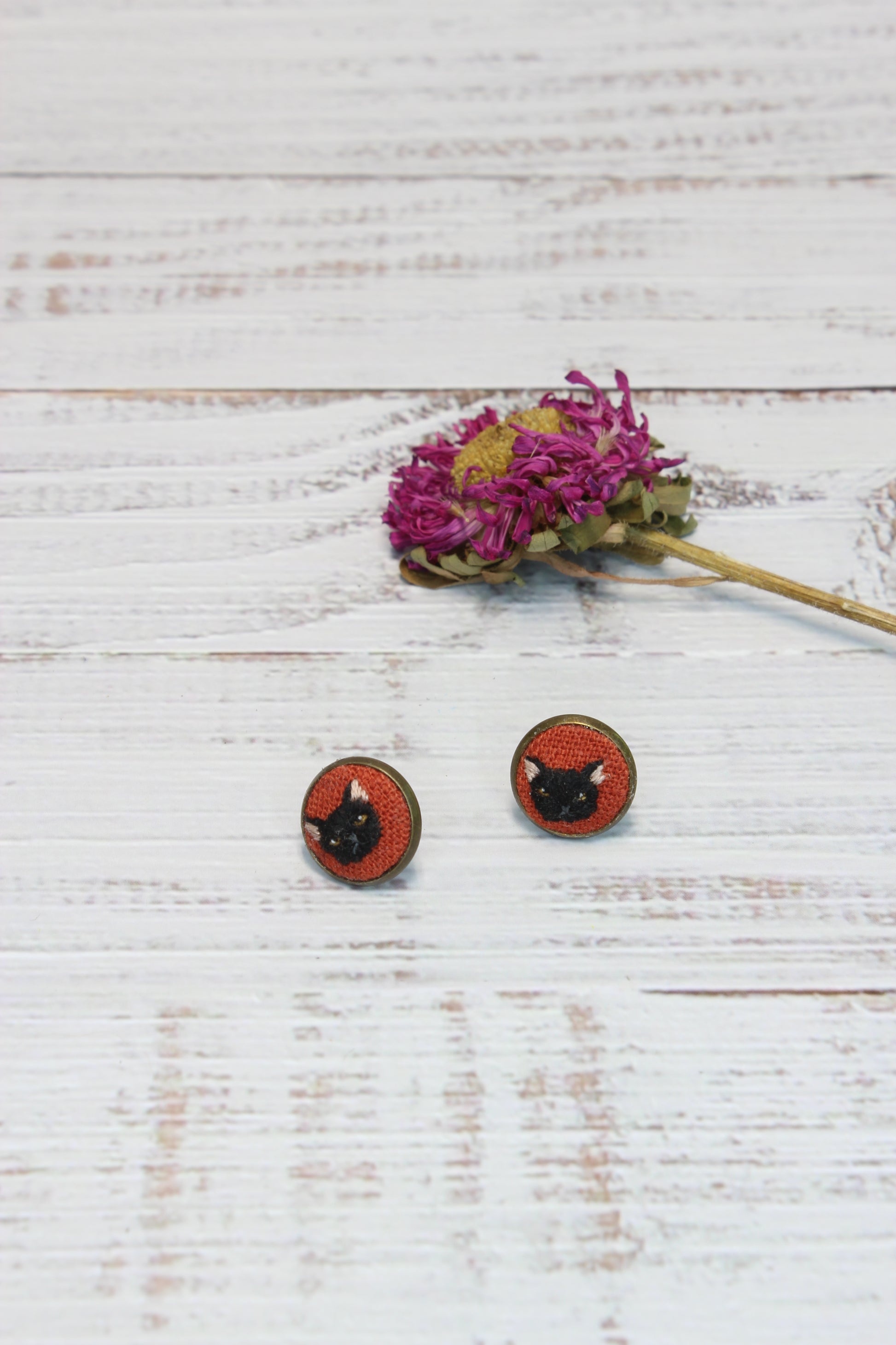 Embroidery Black Cat Studs