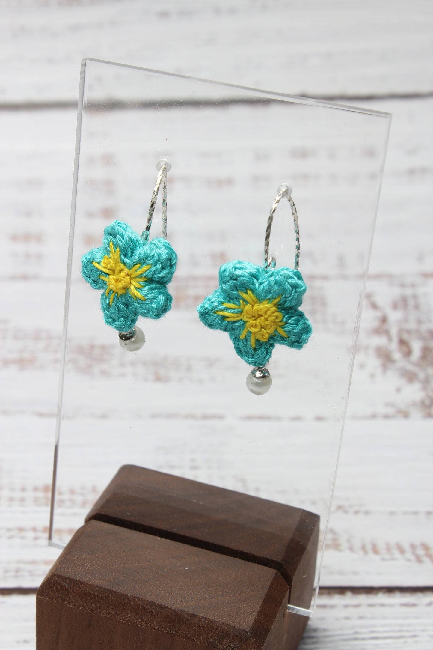 Crochet Aqua Daisy Wire Hook Earrings