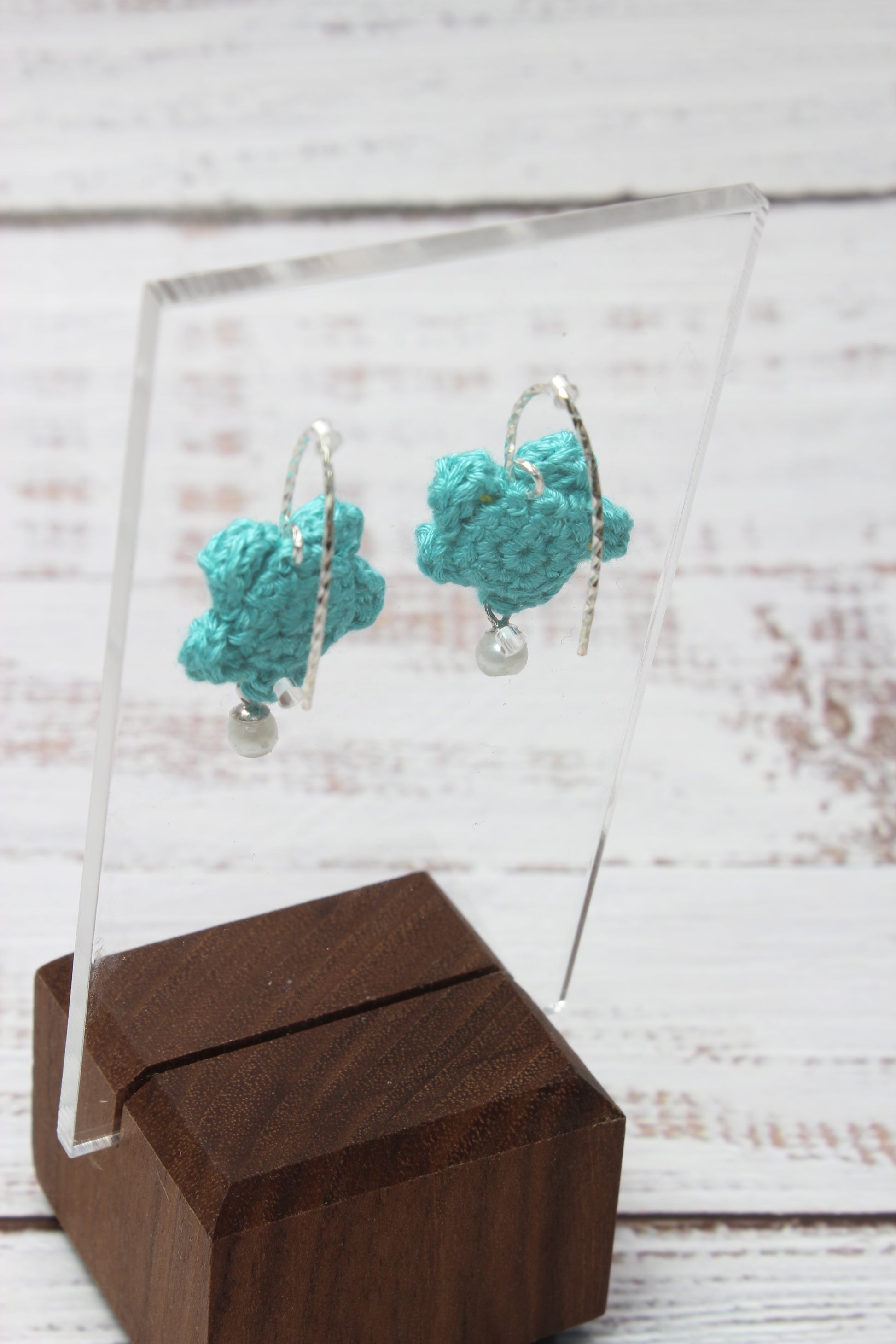 Crochet Aqua Daisy Wire Hook Earrings
