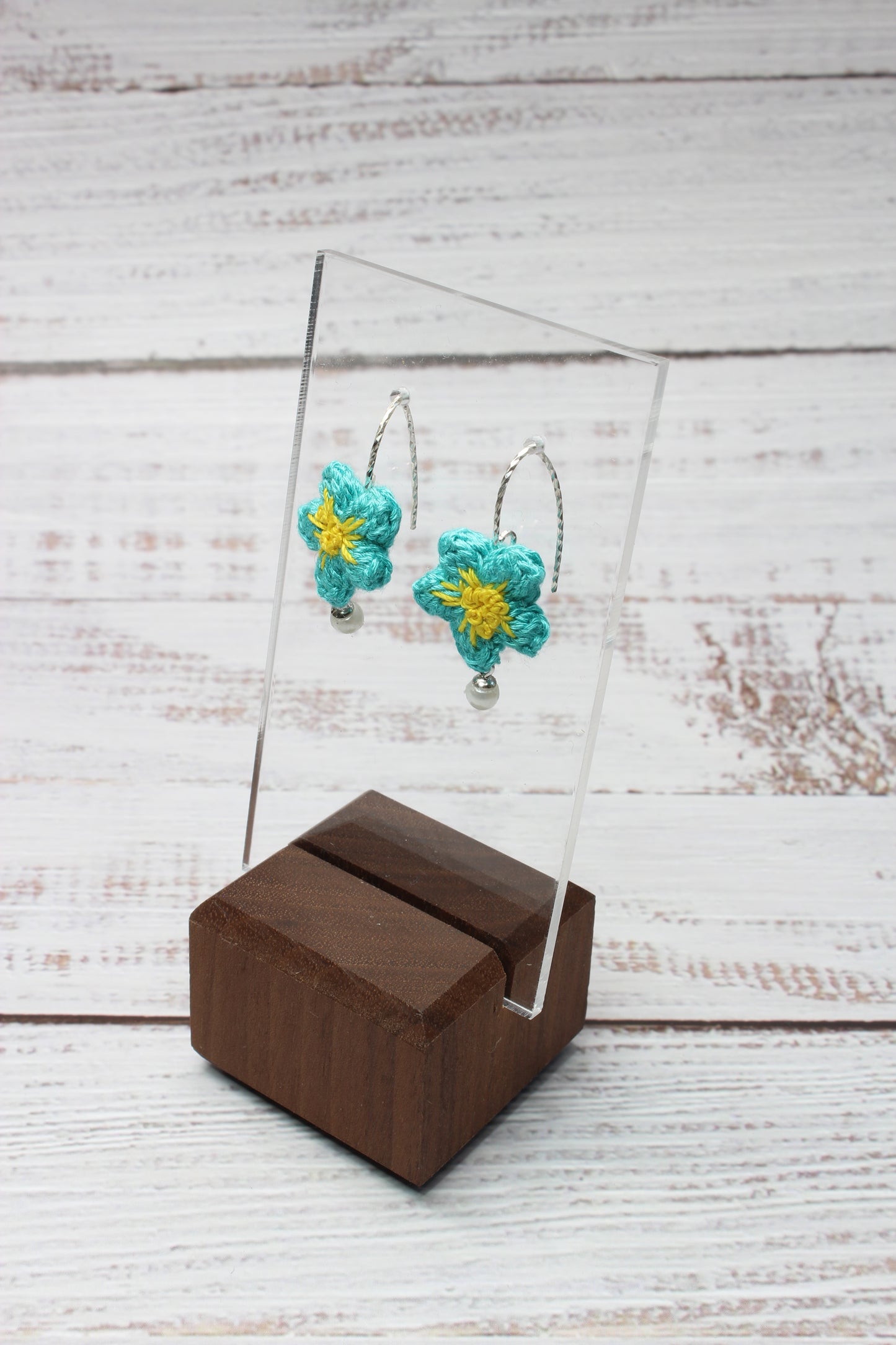 Crochet Aqua Daisy Wire Hook Earrings