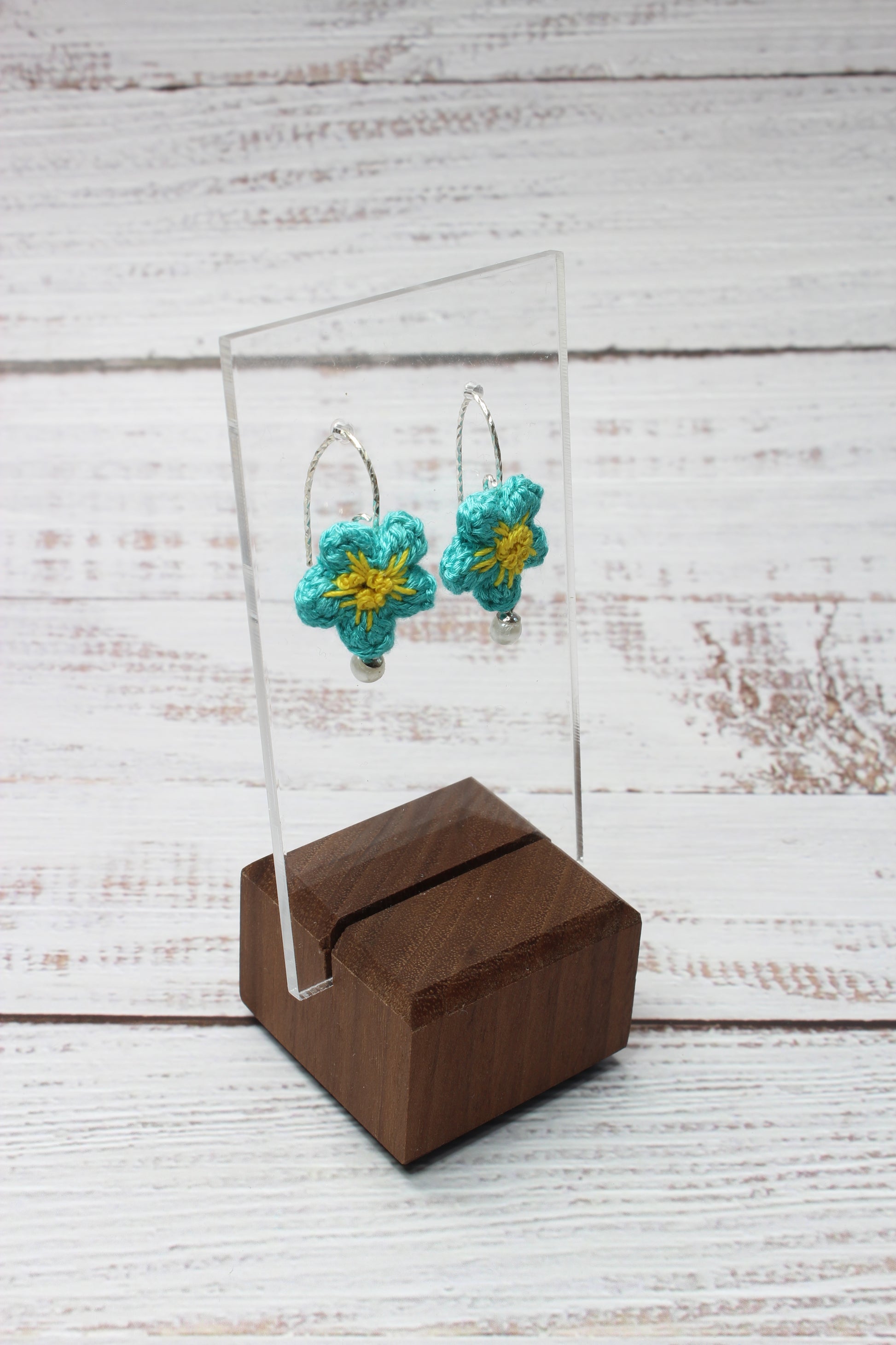 Crochet Aqua Daisy Wire Hook Earrings