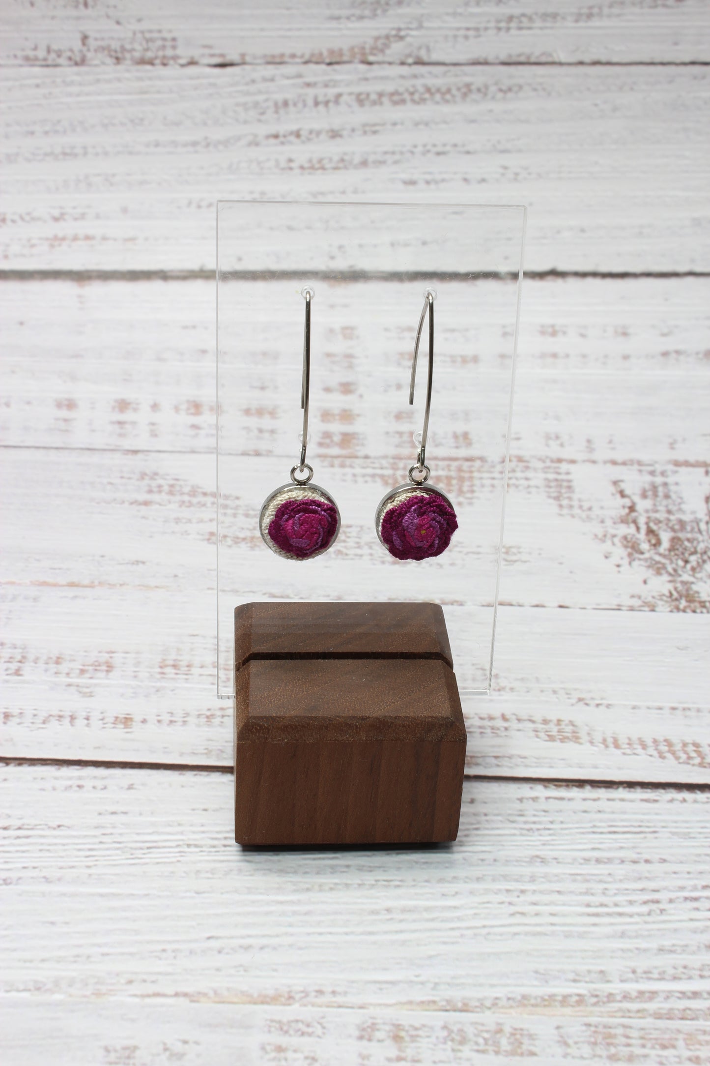 Embroidery Pink Rose Wire Earrings