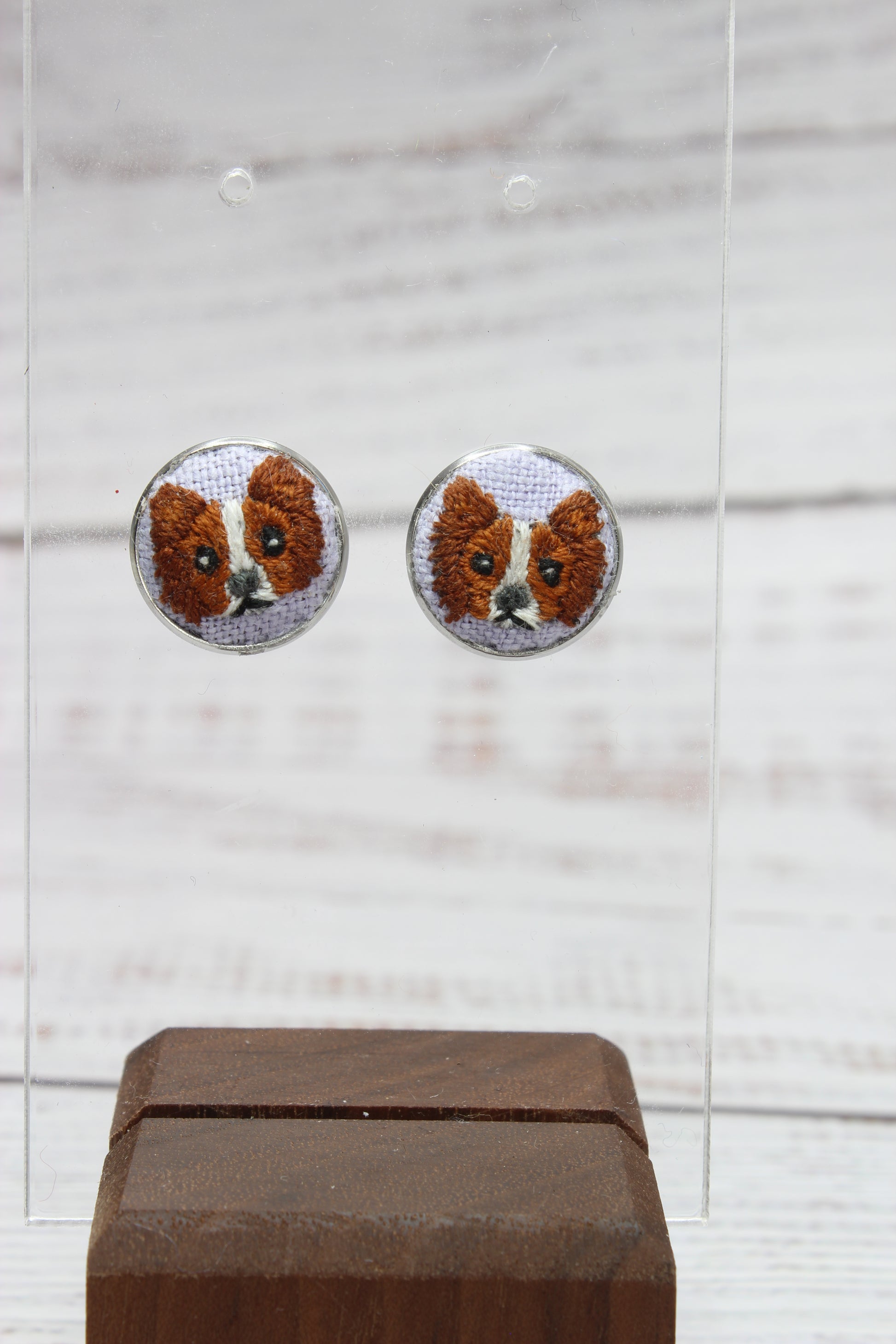 Embroidery Papillon Dog Studs Earrings