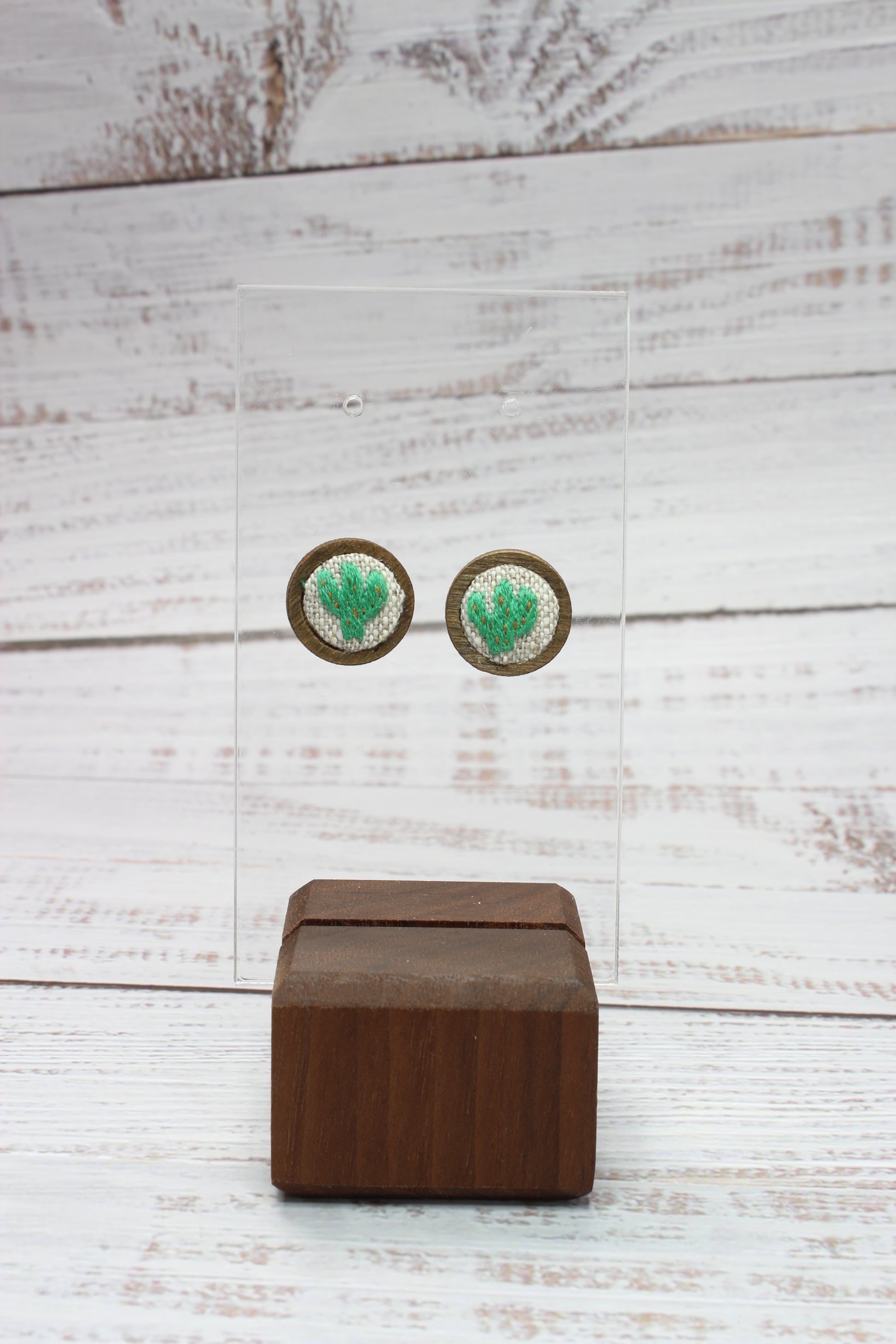 Embroidery Cactus Wood Studs Earrings