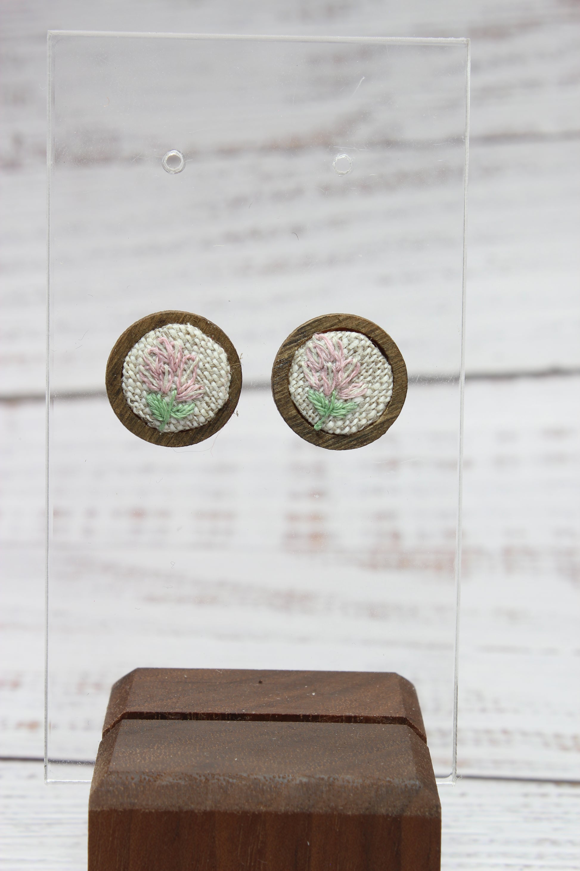 Embroidery Flower Wood Studs Earrings