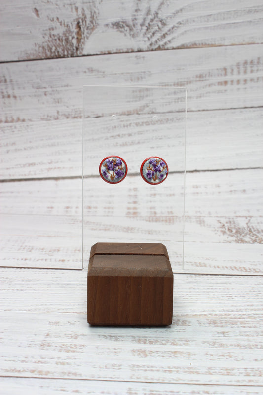 Embroidery Purple Flowers Red Studs