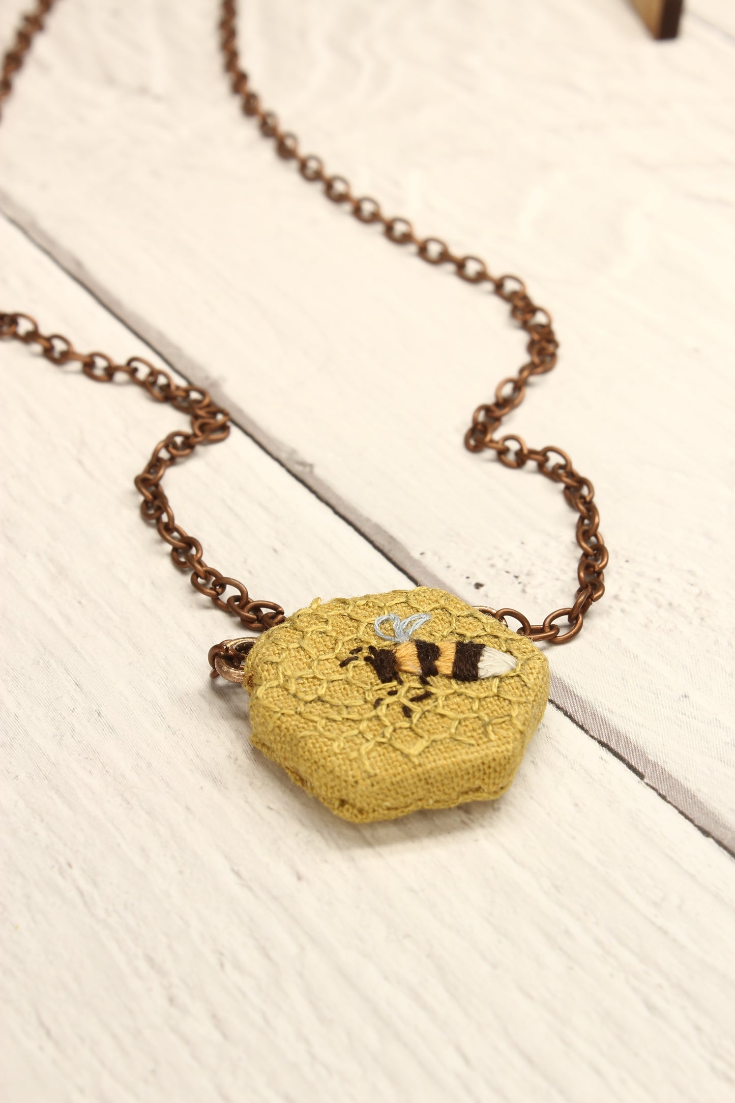 Hexagon Embroidery Necklace - Bee