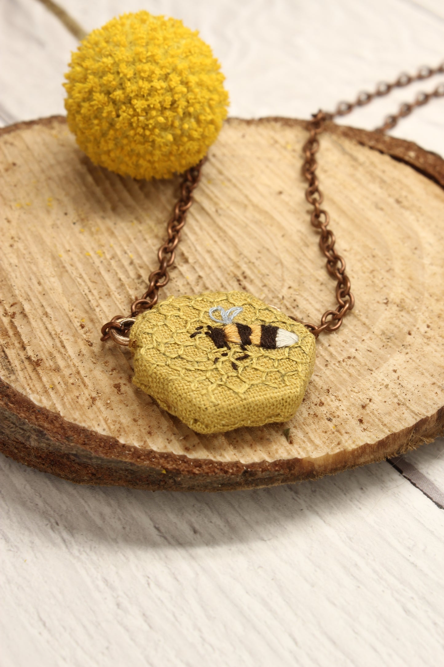 Hexagon Embroidery Necklace - Bee