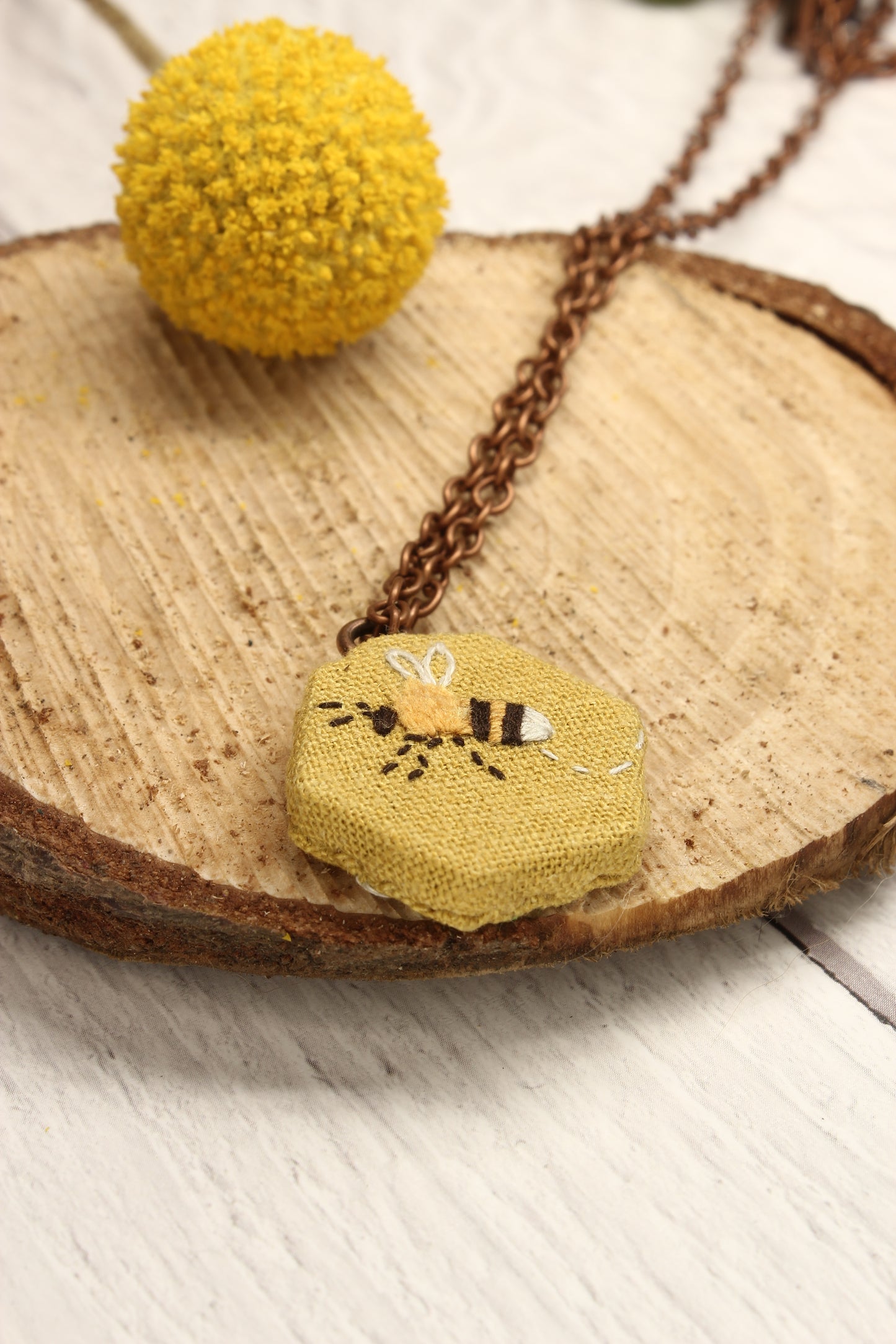Hexagon Embroidery Necklace - Bee & Flower
